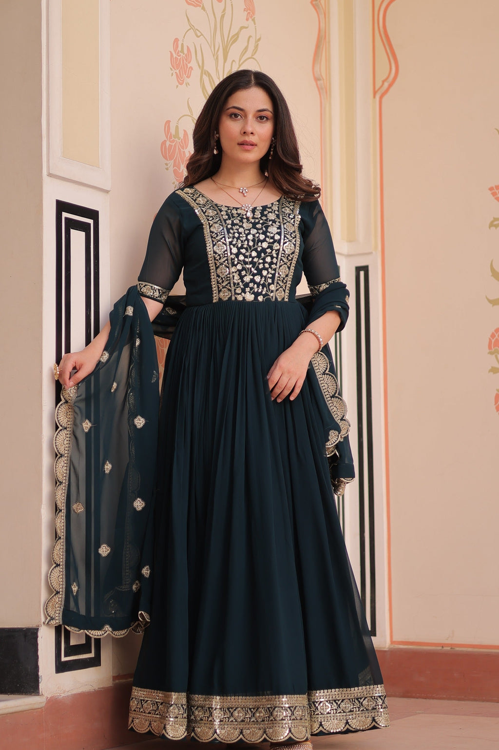 Prazu Fashion Rama Georgette Embroidered Gown With Dupatta