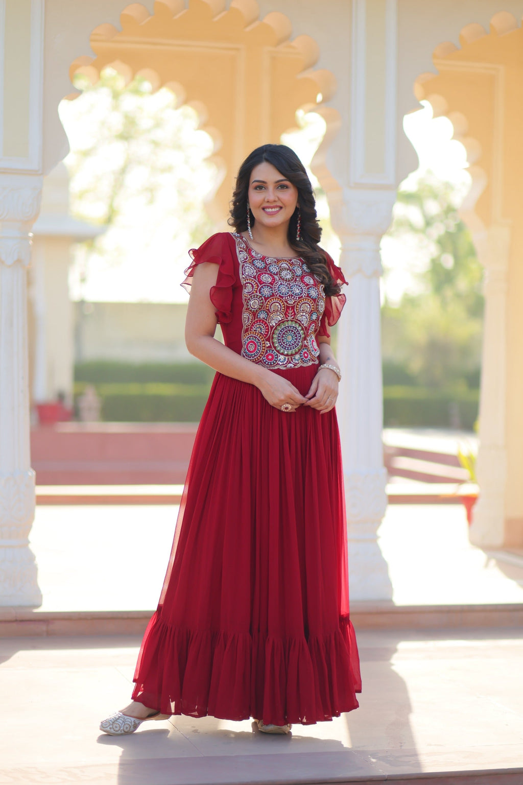 Prazu Fashion Maroon Georgette Beads And Sequins Embroidered Gown