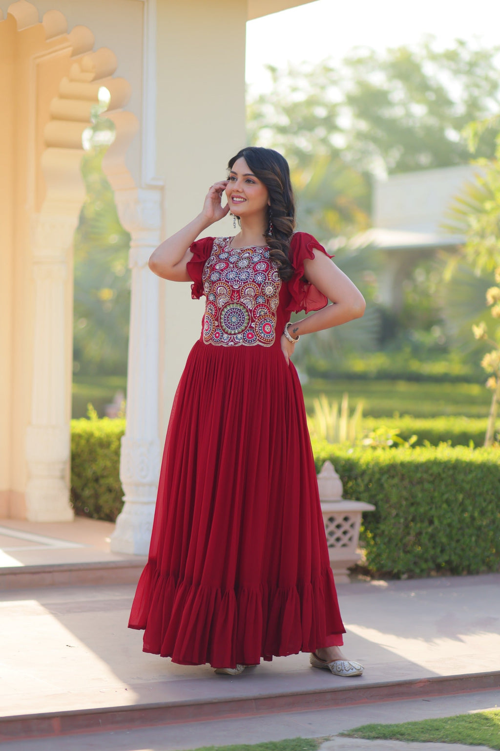 Prazu Fashion Maroon Georgette Beads And Sequins Embroidered Gown