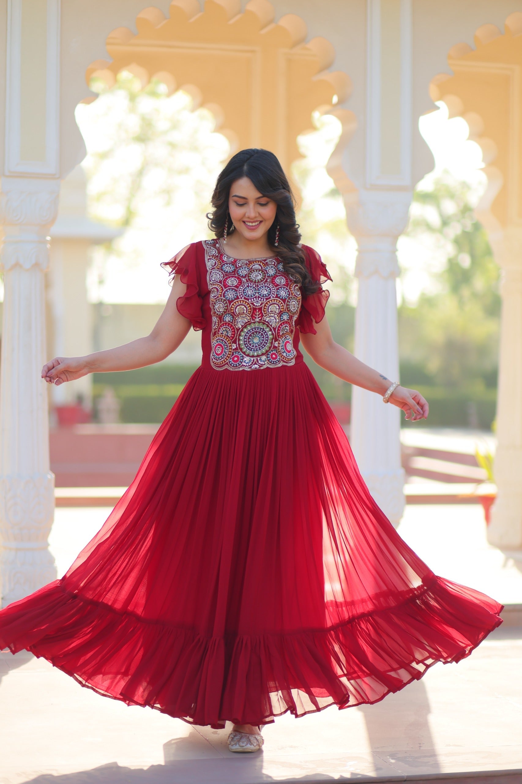 Prazu Fashion Maroon Georgette Beads And Sequins Embroidered Gown