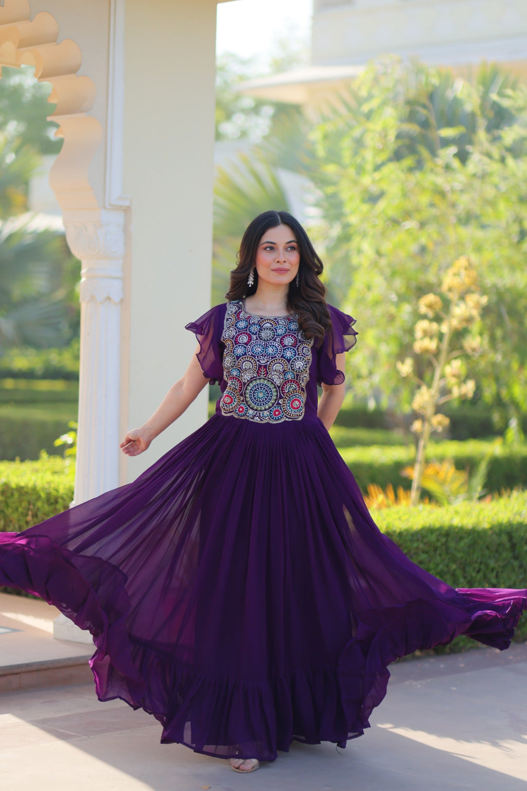 Prazu Fashion Purple Georgette Beads And Sequins Embroidered Gown
