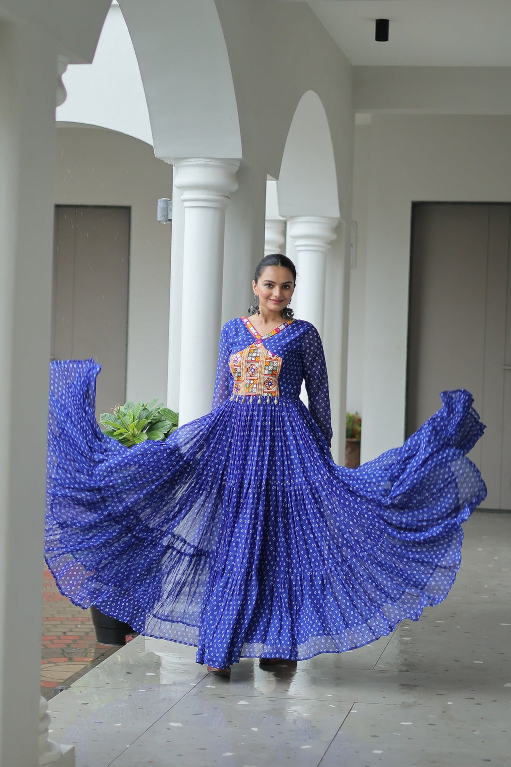 Prazu Fashion Blue Georgette Bandhani Printed With Kutchi Patchework Navaratri Gown