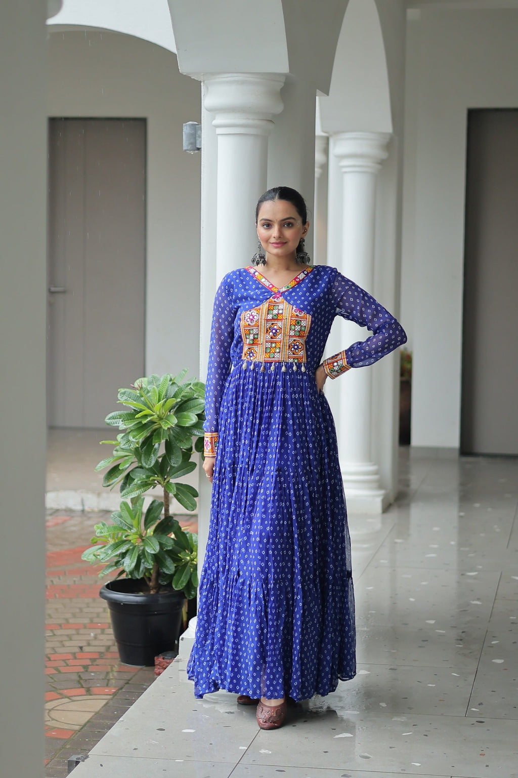 Prazu Fashion Blue Georgette Bandhani Printed With Kutchi Patchework Navaratri Gown