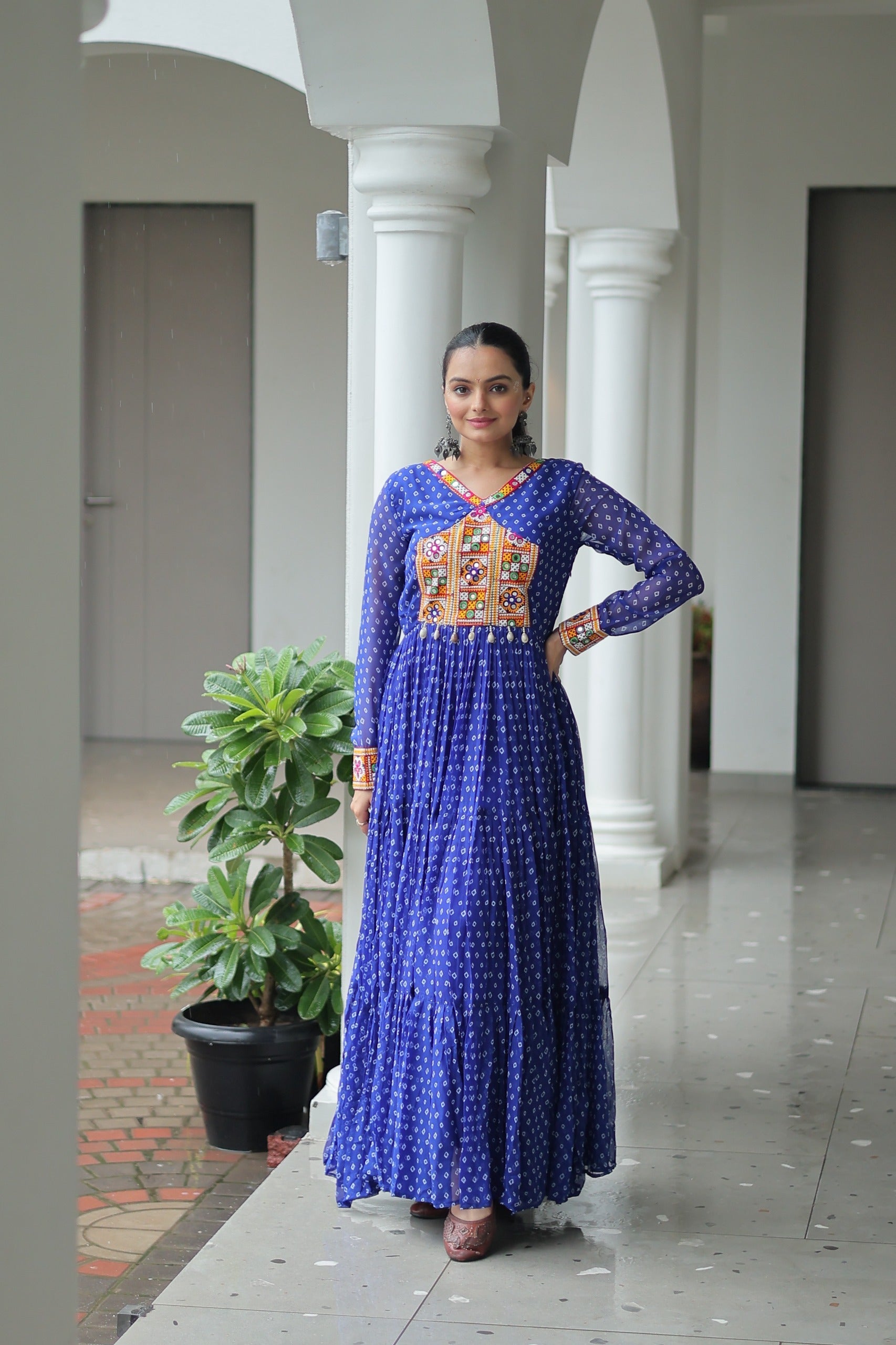 Prazu Fashion Blue Georgette Bandhani Printed With Kutchi Patchework Navaratri Gown
