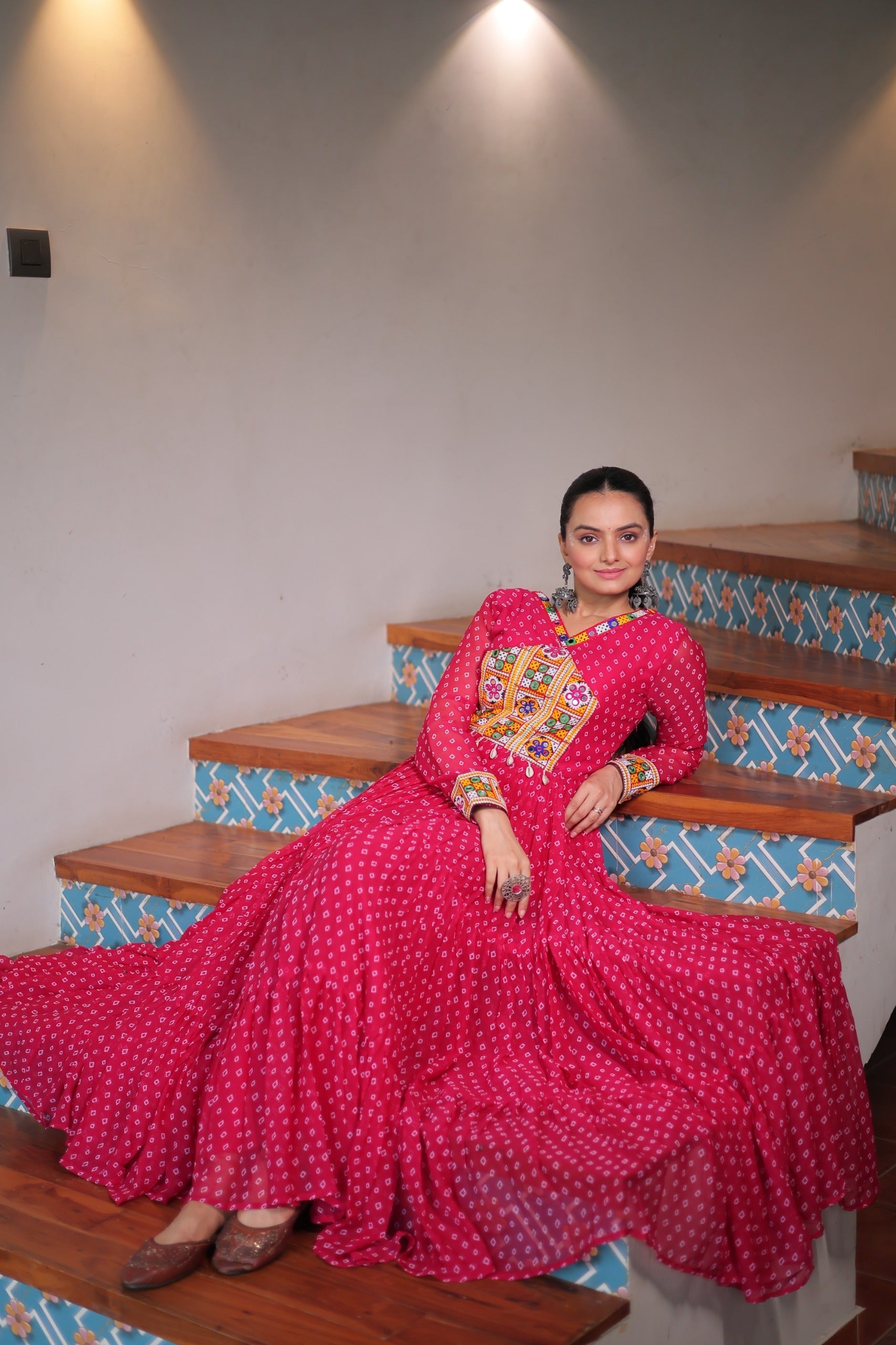 Prazu Fashion Pink Georgette Bandhani Printed With Kutchi Patchework Navaratri Gown