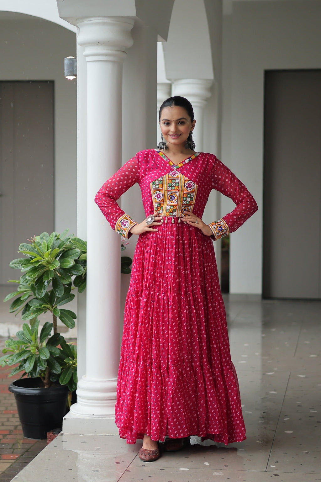 Prazu Fashion Pink Georgette Bandhani Printed With Kutchi Patchework Navaratri Gown