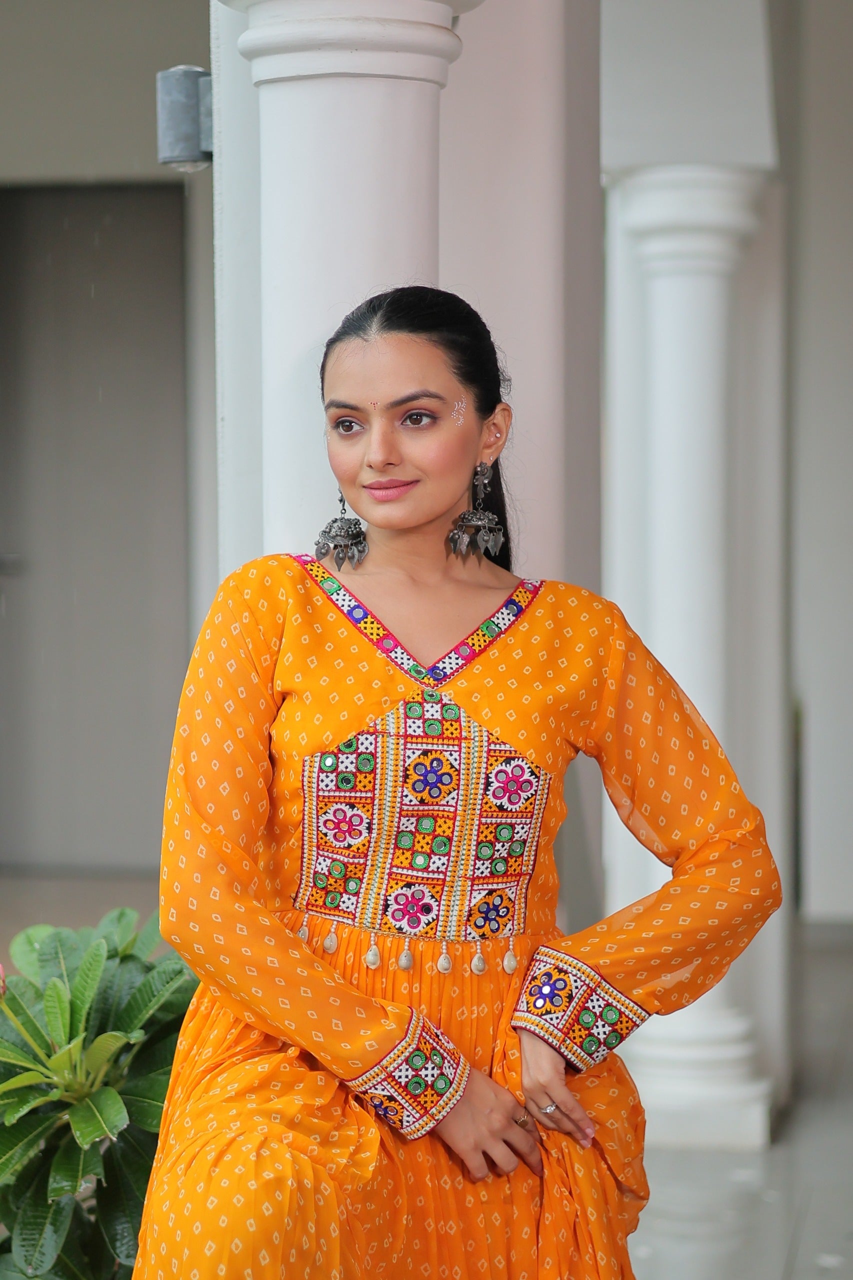 Prazu Fashion Yellow Georgette Bandhani Printed With Kutchi Patchework Navaratri Gown