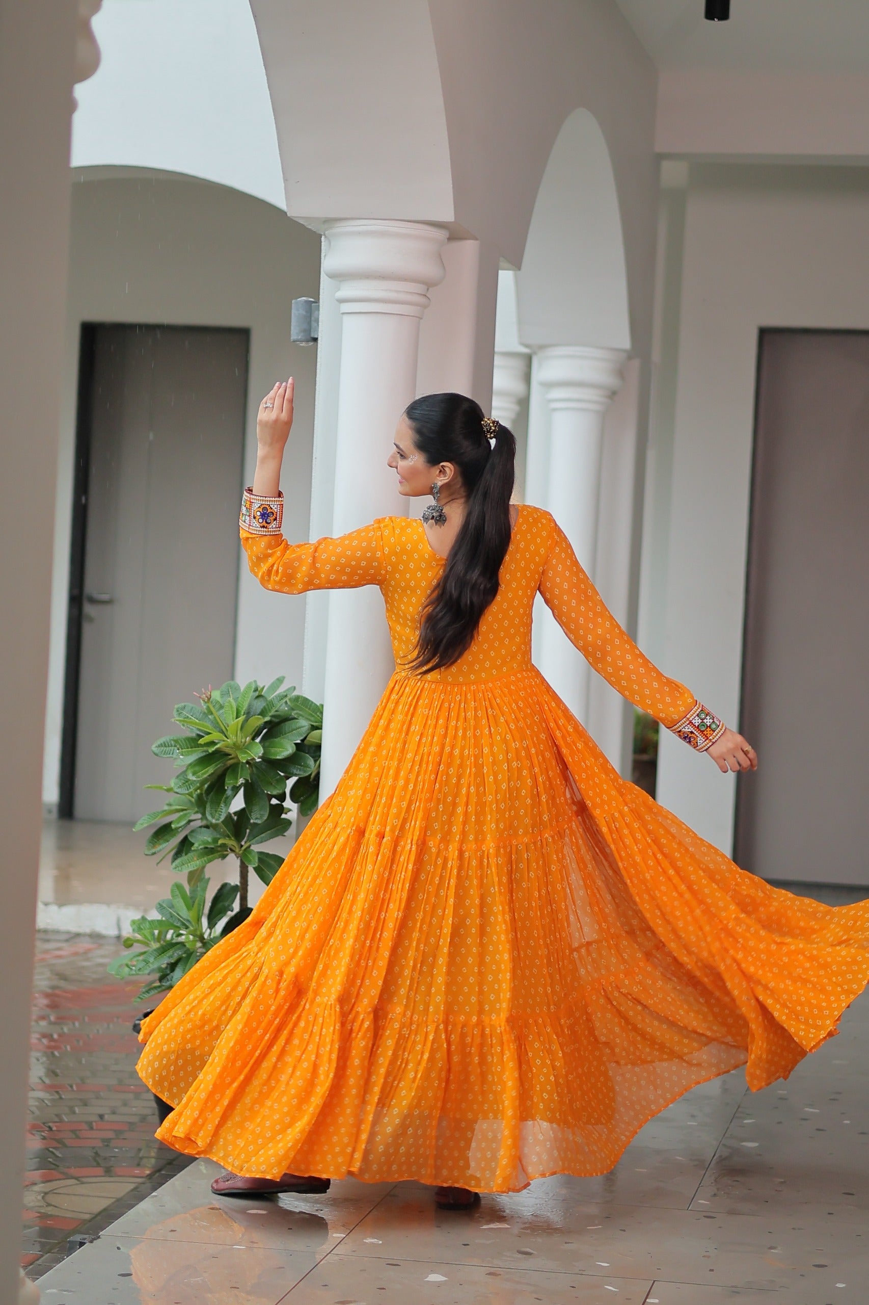 Prazu Fashion Yellow Georgette Bandhani Printed With Kutchi Patchework Navaratri Gown