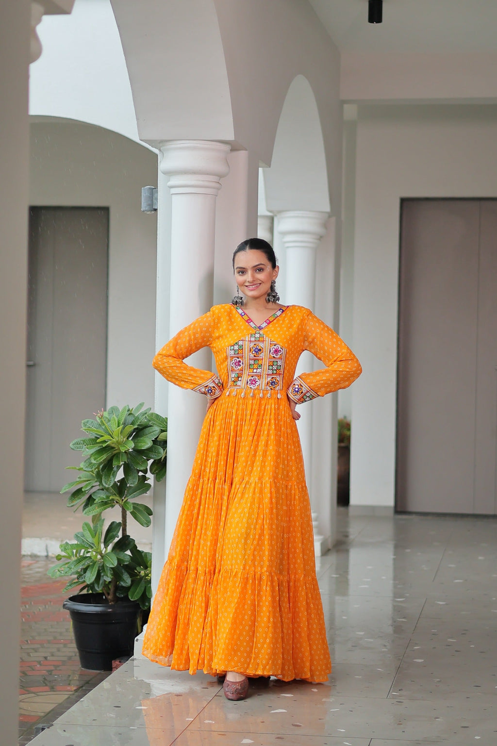 Prazu Fashion Yellow Georgette Bandhani Printed With Kutchi Patchework Navaratri Gown