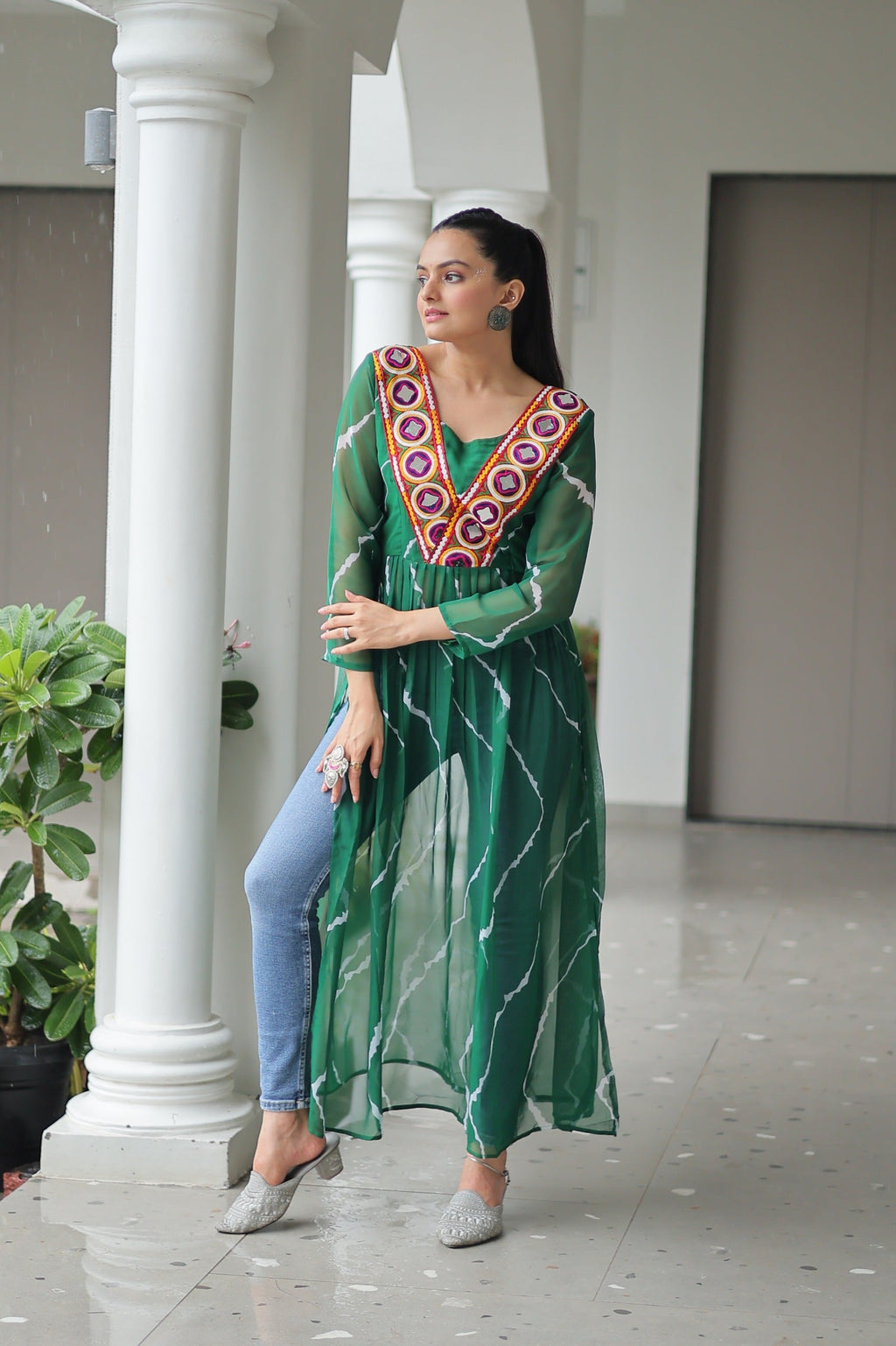 Prazu Fashion Green Georgette Leheriya Printed With Kutchi Patchework Navaratri Gown