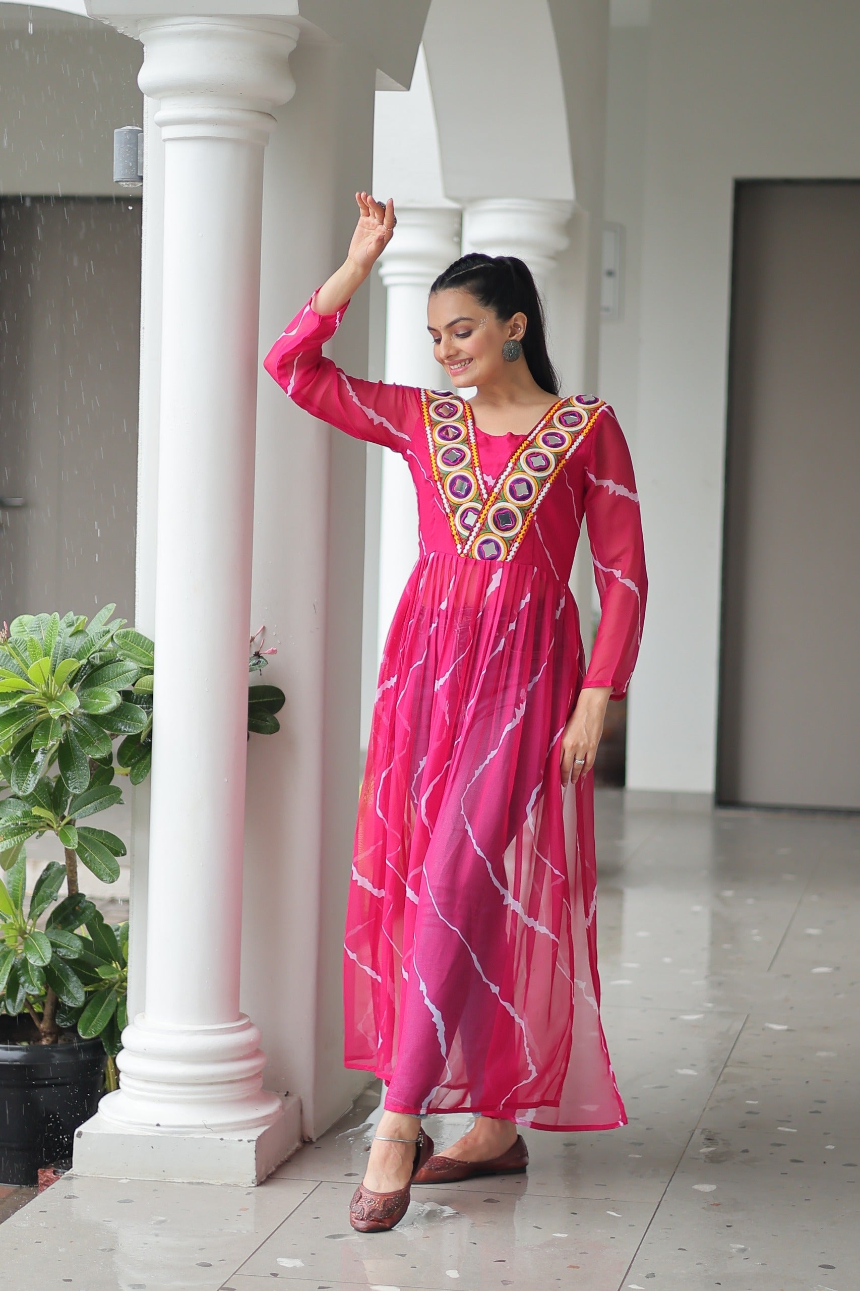 Prazu Fashion Pink Georgette Leheriya Print Work With Kutchi Patchework Navaratri Gown
