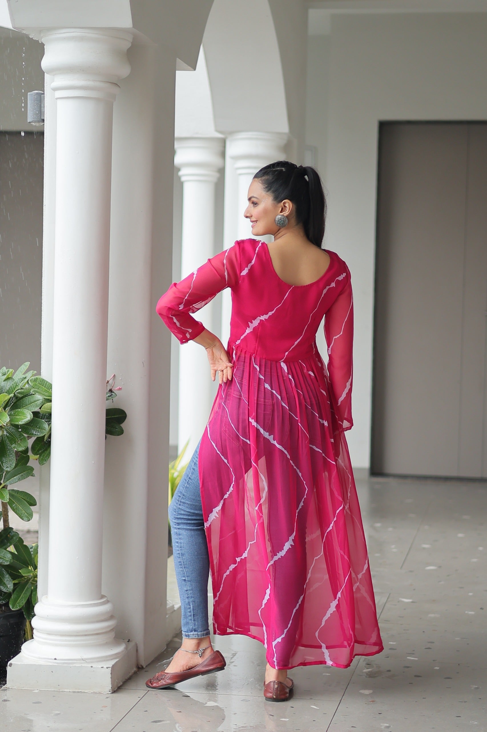 Prazu Fashion Pink Georgette Leheriya Print Work With Kutchi Patchework Navaratri Gown