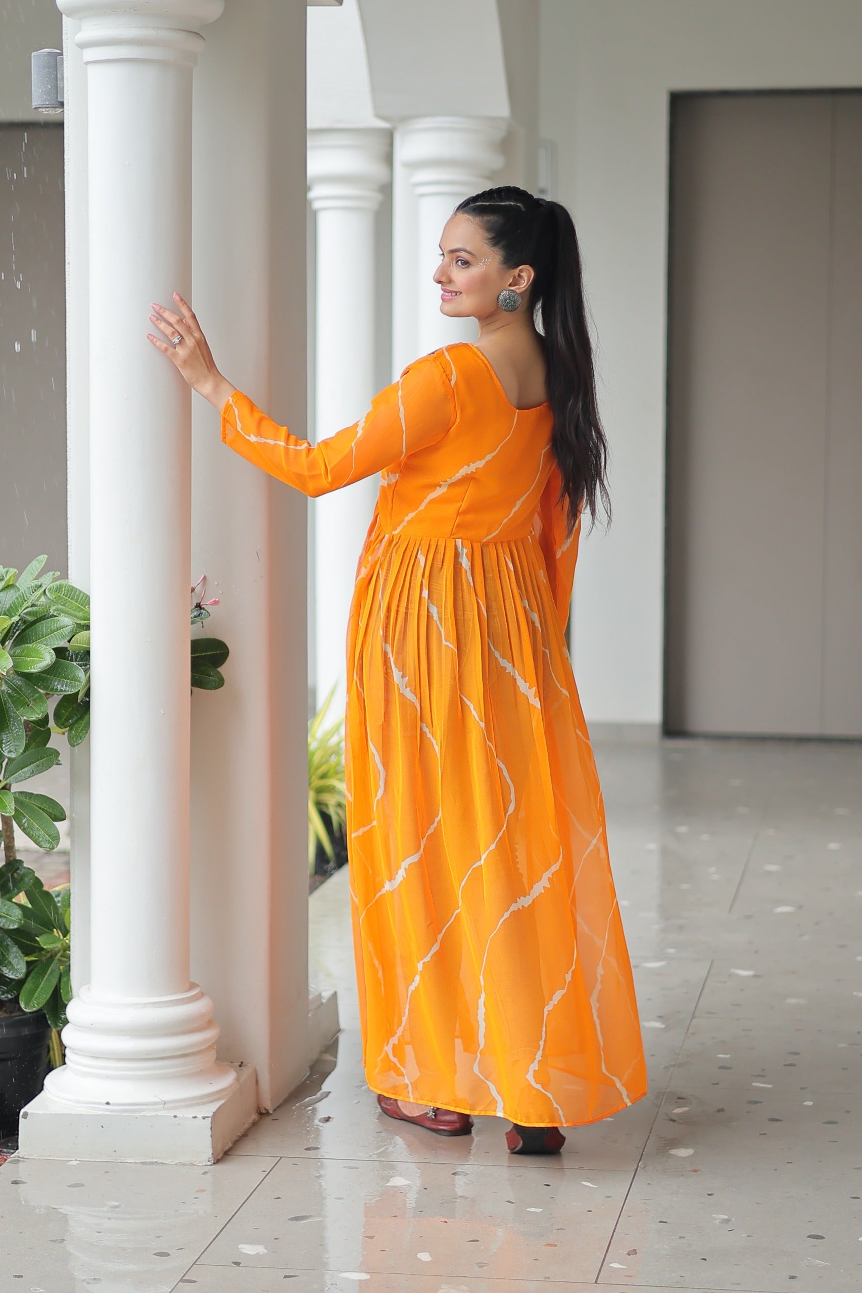 Prazu Fashion Yellow Georgette Leheriya Print Work With Kutchi Patchework Navaratri Gown