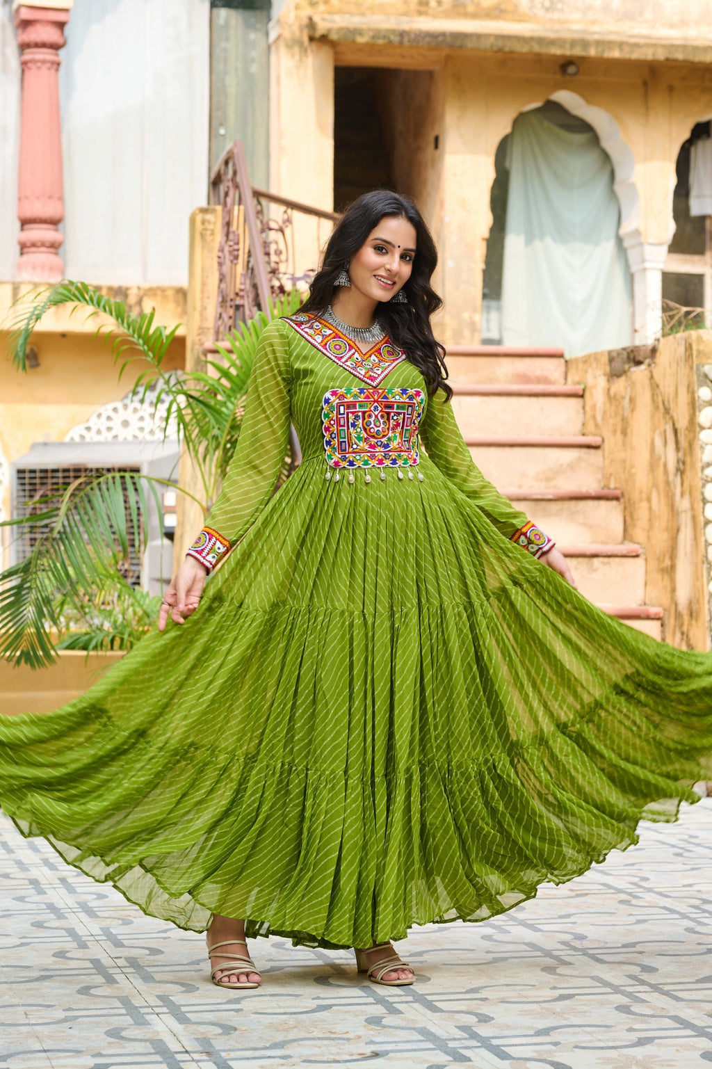 Prazu Fashion Parrot Georgette Leheriya Print Work With Kutchi Patchework Navaratri Gown