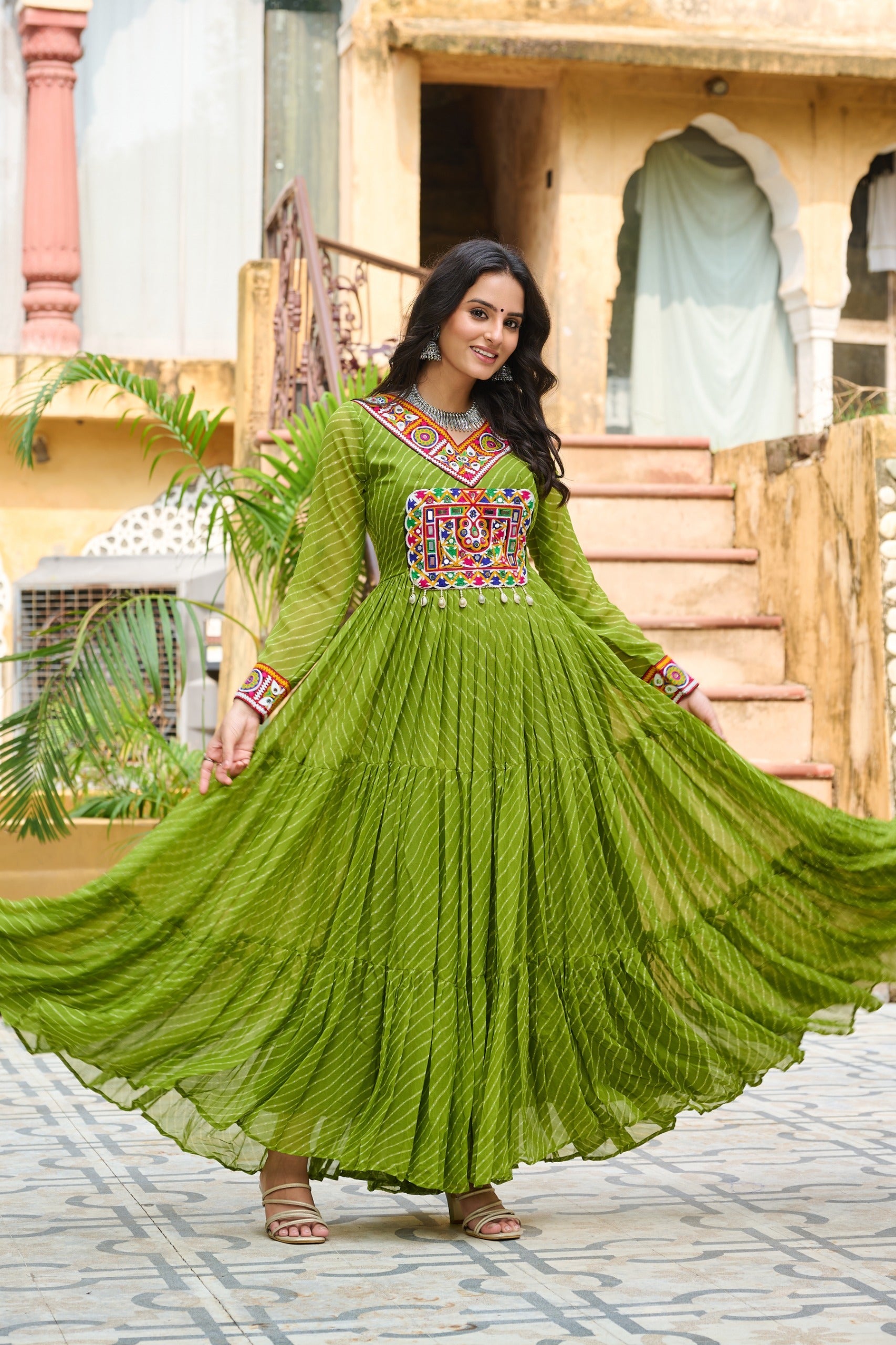 Prazu Fashion Parrot Georgette Leheriya Print Work With Kutchi Patchework Navaratri Gown