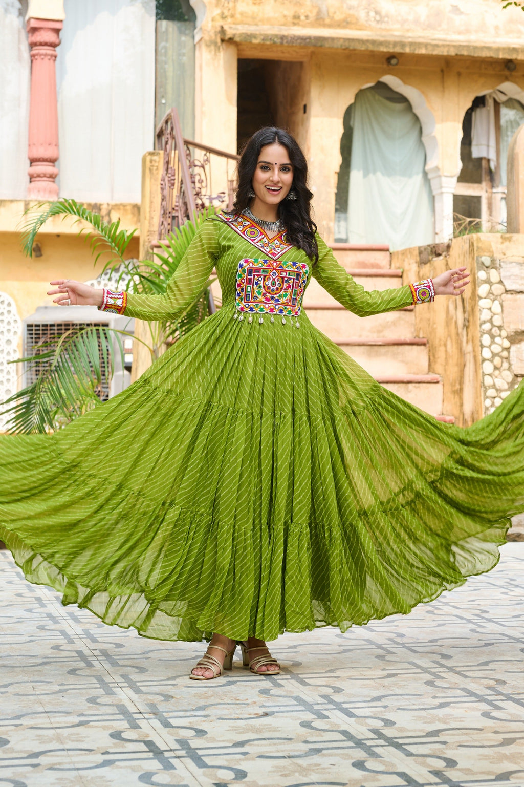 Prazu Fashion Parrot Georgette Leheriya Print Work With Kutchi Patchework Navaratri Gown