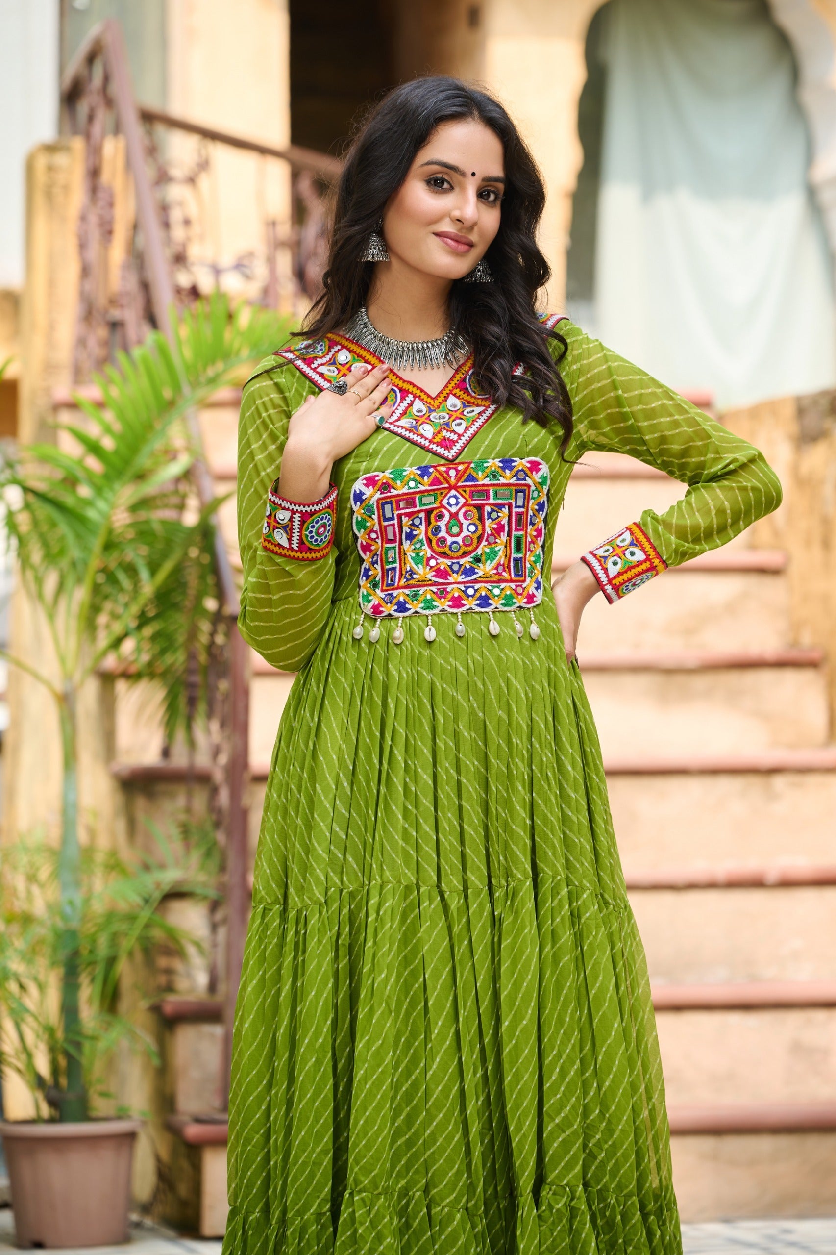 Prazu Fashion Parrot Georgette Leheriya Print Work With Kutchi Patchework Navaratri Gown