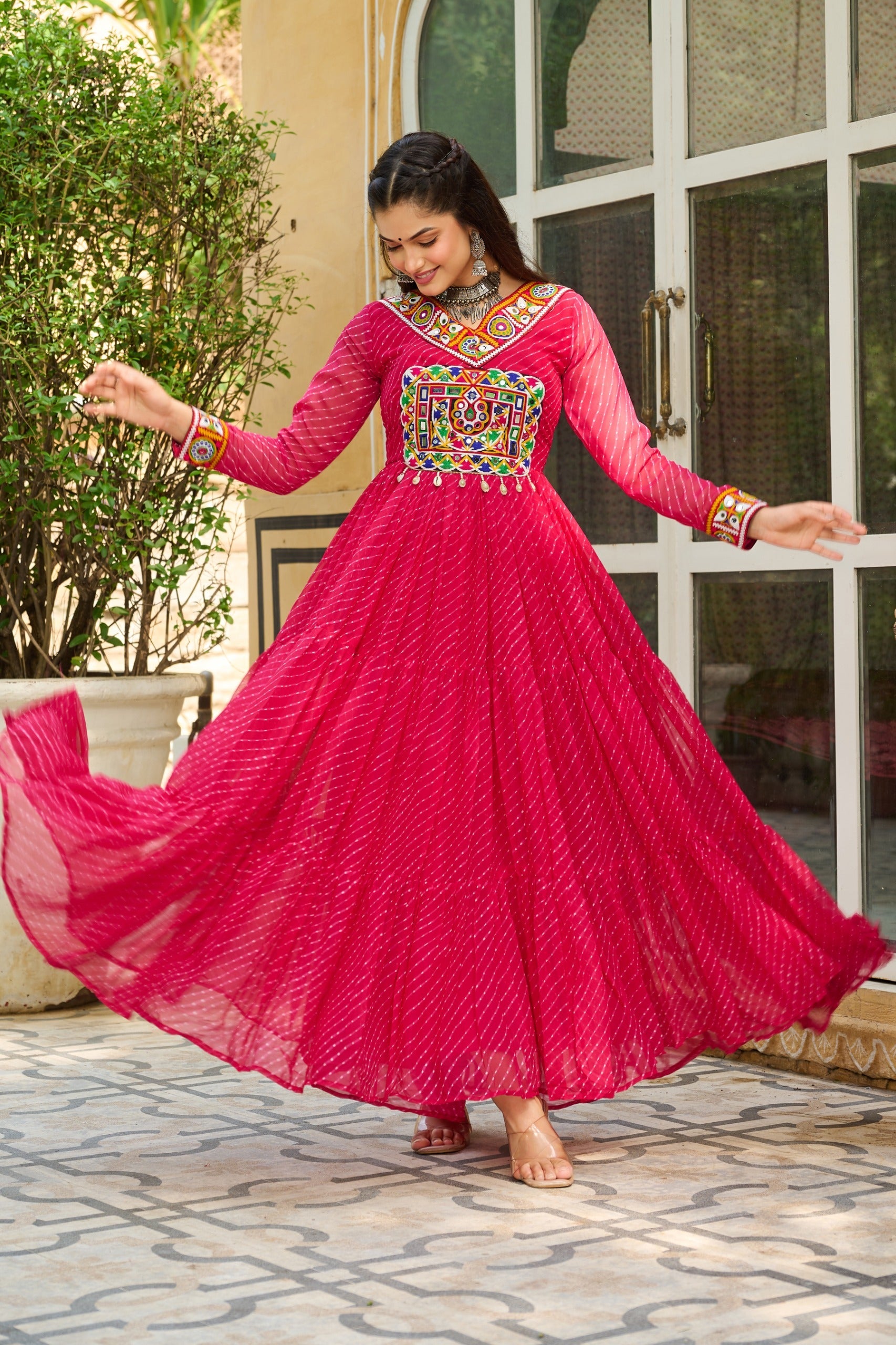 Prazu Fashion Pink Georgette Leheriya Print Work With Kutchi Patchework Navaratri Gown