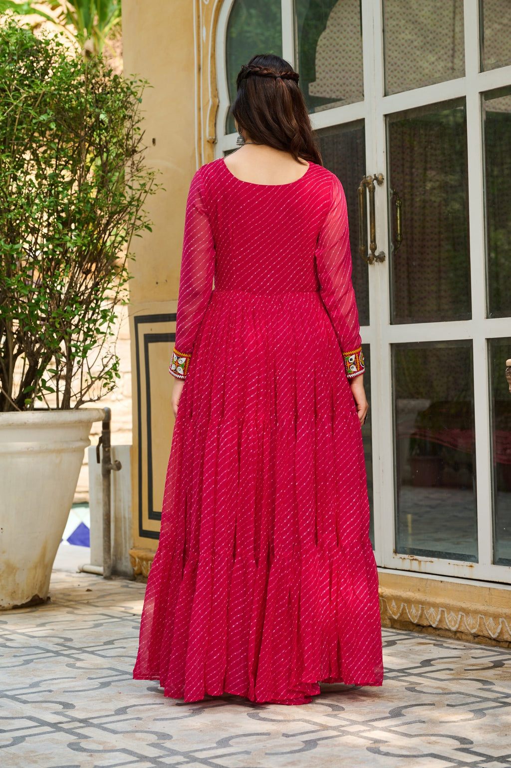 Prazu Fashion Pink Georgette Leheriya Print Work With Kutchi Patchework Navaratri Gown