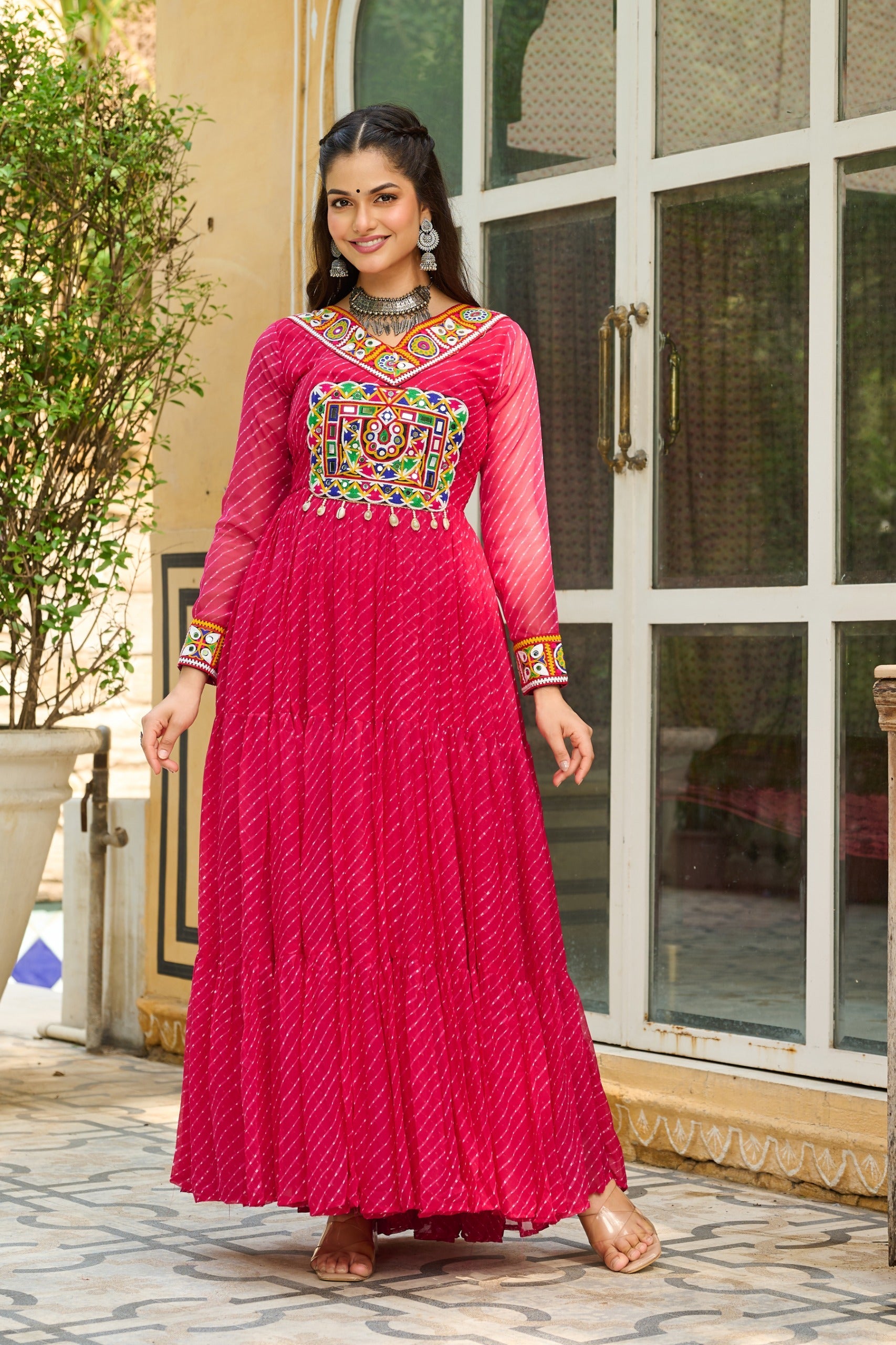 Prazu Fashion Pink Georgette Leheriya Print Work With Kutchi Patchework Navaratri Gown