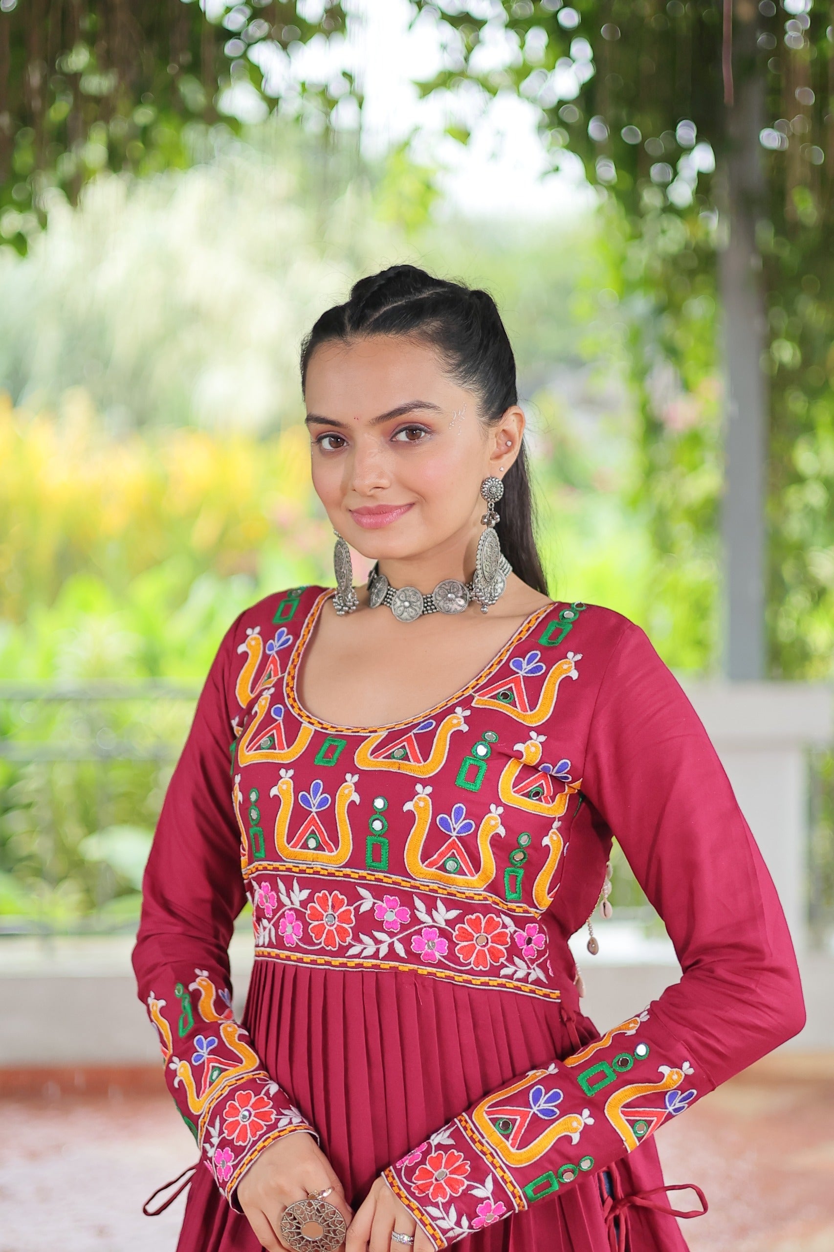 Prazu Fashion Maroon Reyon Kutchi Gamthi Work Navaratri Gown