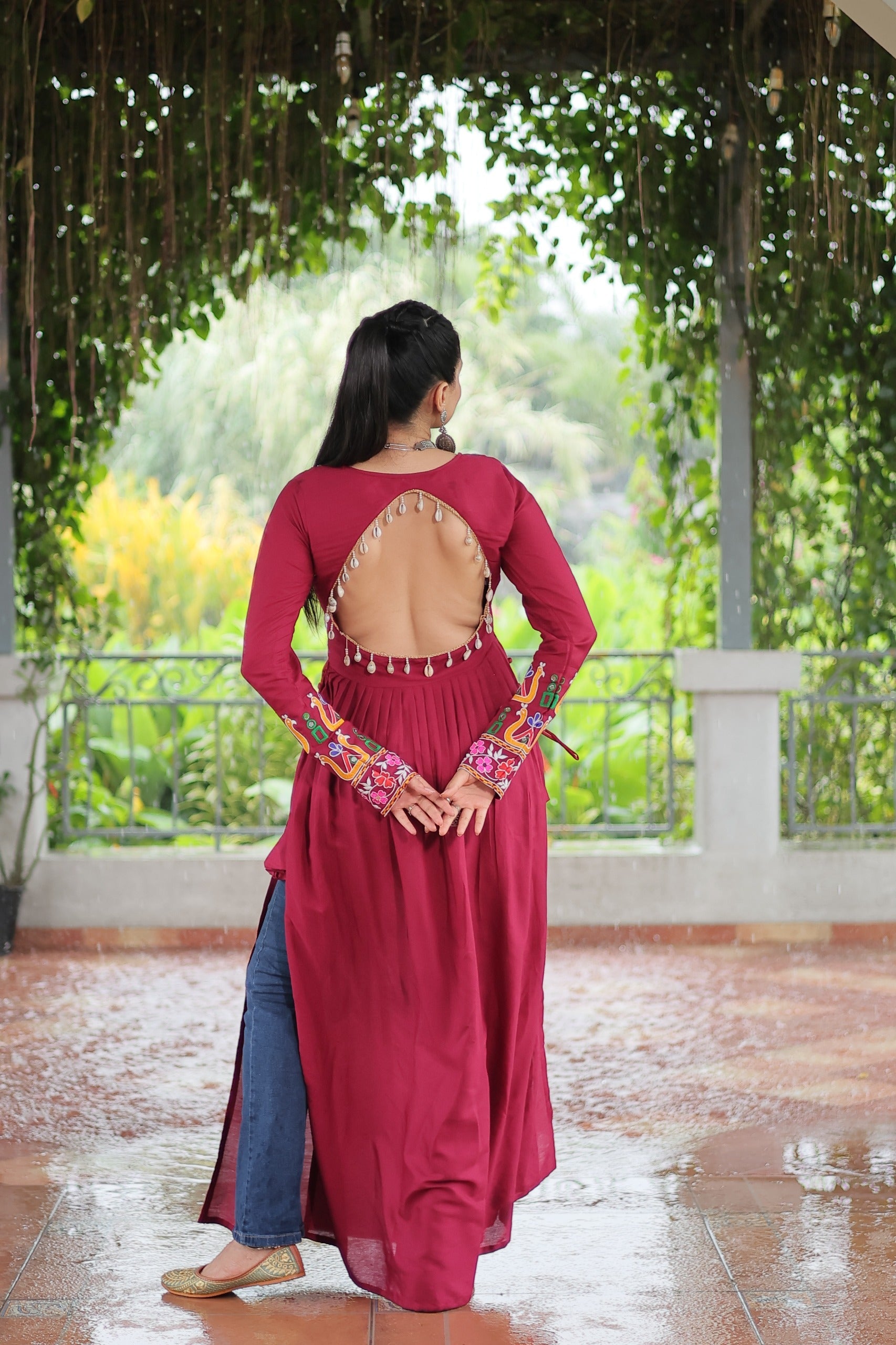 Prazu Fashion Maroon Reyon Kutchi Gamthi Work Navaratri Gown