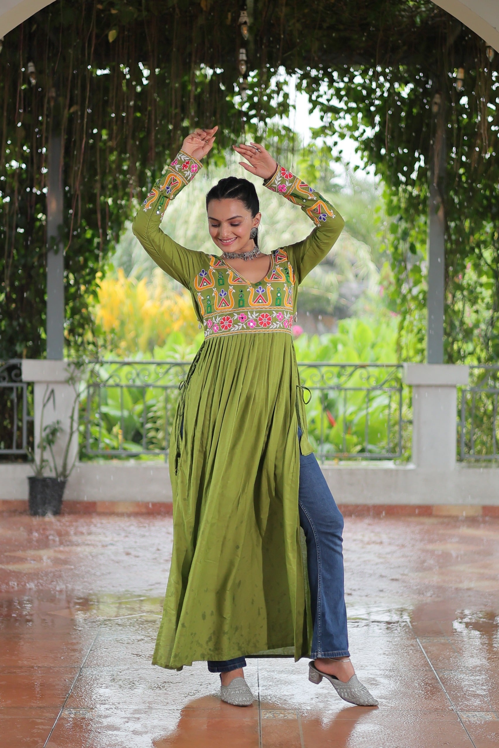 Prazu Fashion Parrot Reyon Kutchi Gamthi Work Navaratri Gown