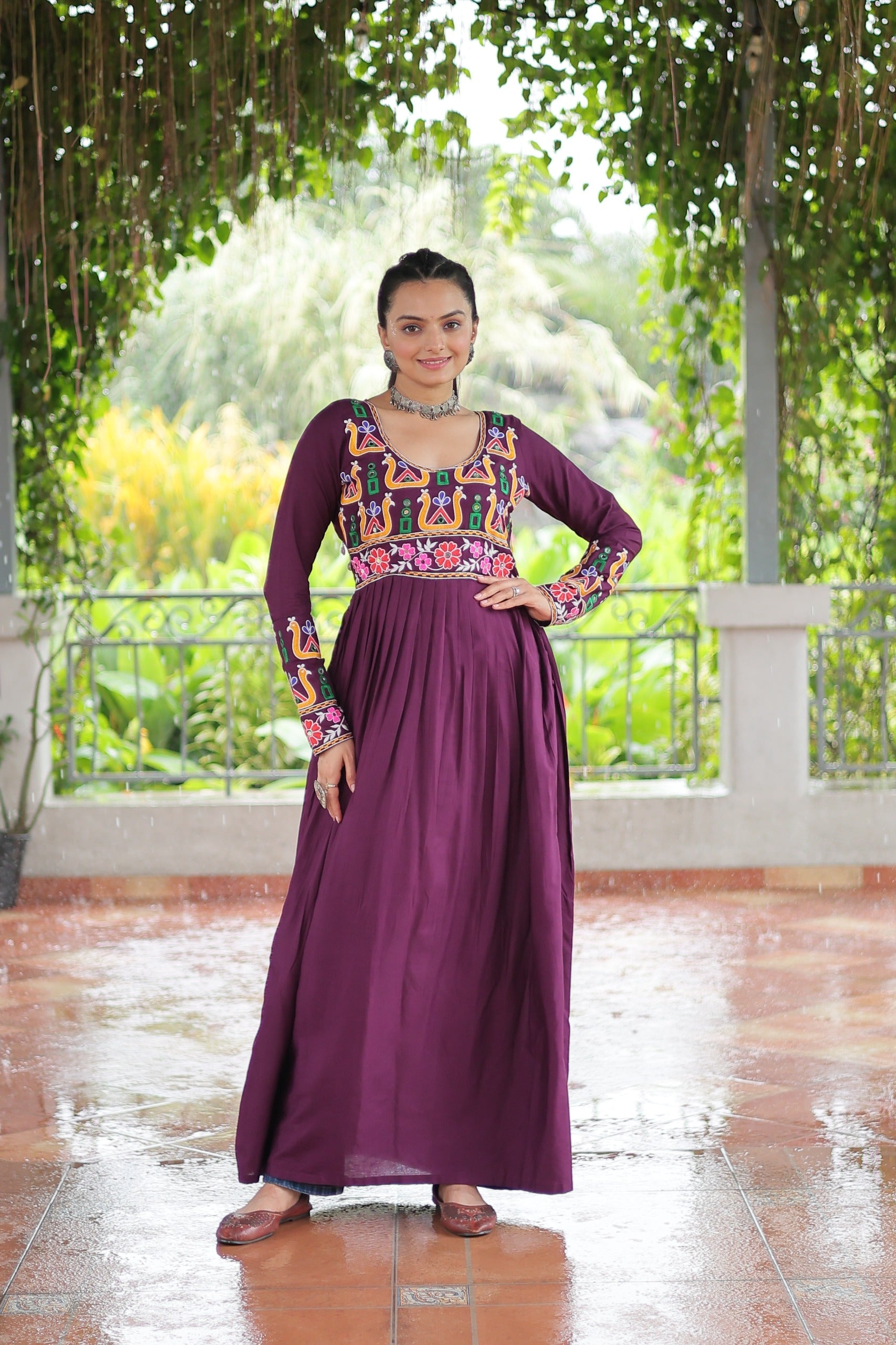 Prazu Fashion Wine Reyon Kutchi Gamthi Work Navaratri Gown