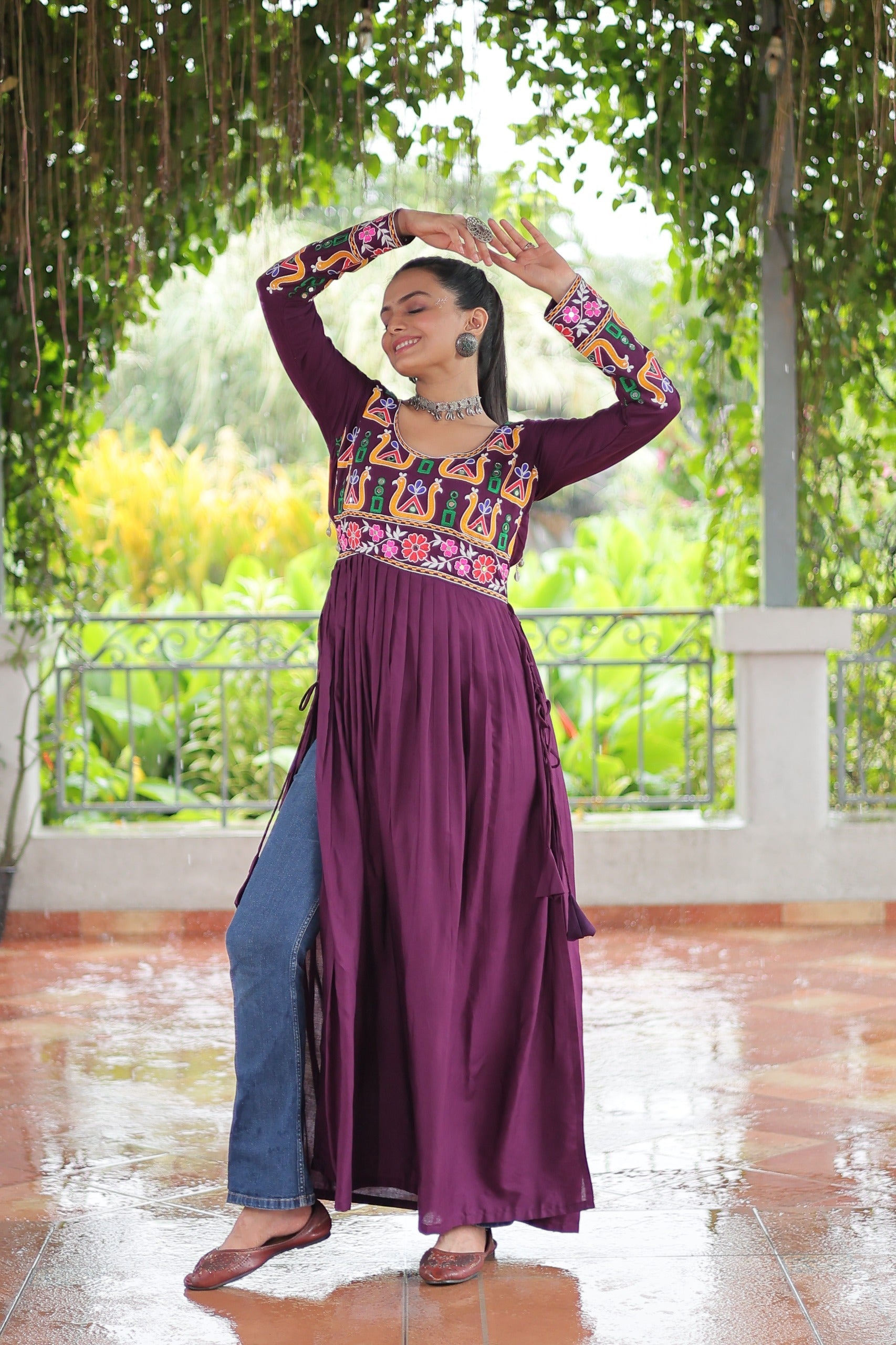 Prazu Fashion Wine Reyon Kutchi Gamthi Work Navaratri Gown
