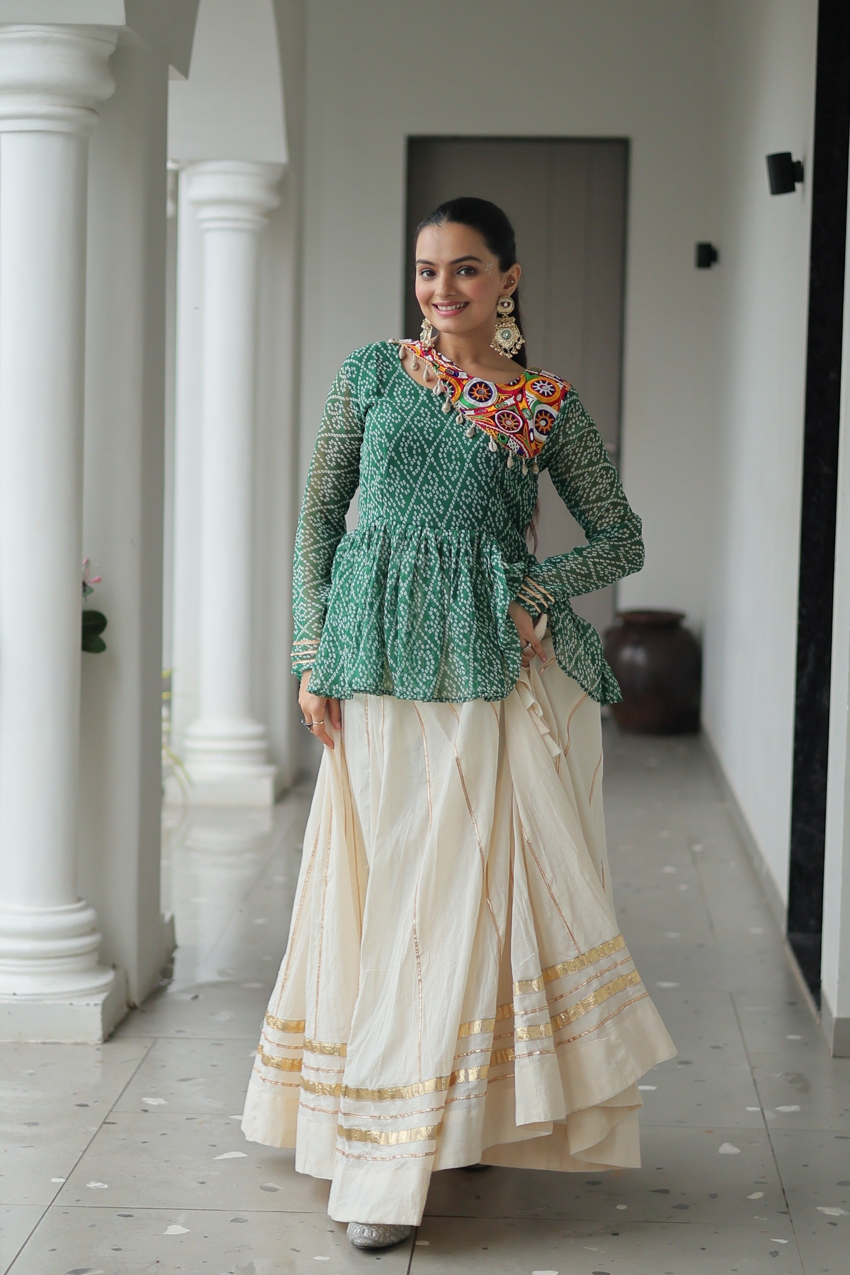 Prazu Fashion Green Bandhani Print Work With Kutchi Gamthi Patchework Navaratri Lehenga