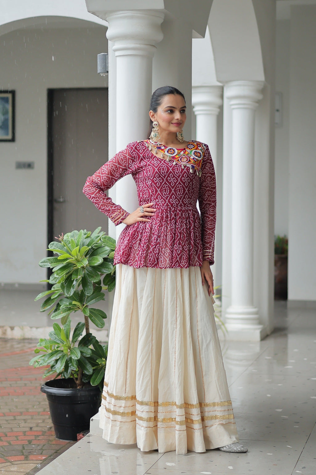 Prazu Fashion Wine Bandhani Print Work With Kutchi Gamthi Patchework Navaratri Lehenga