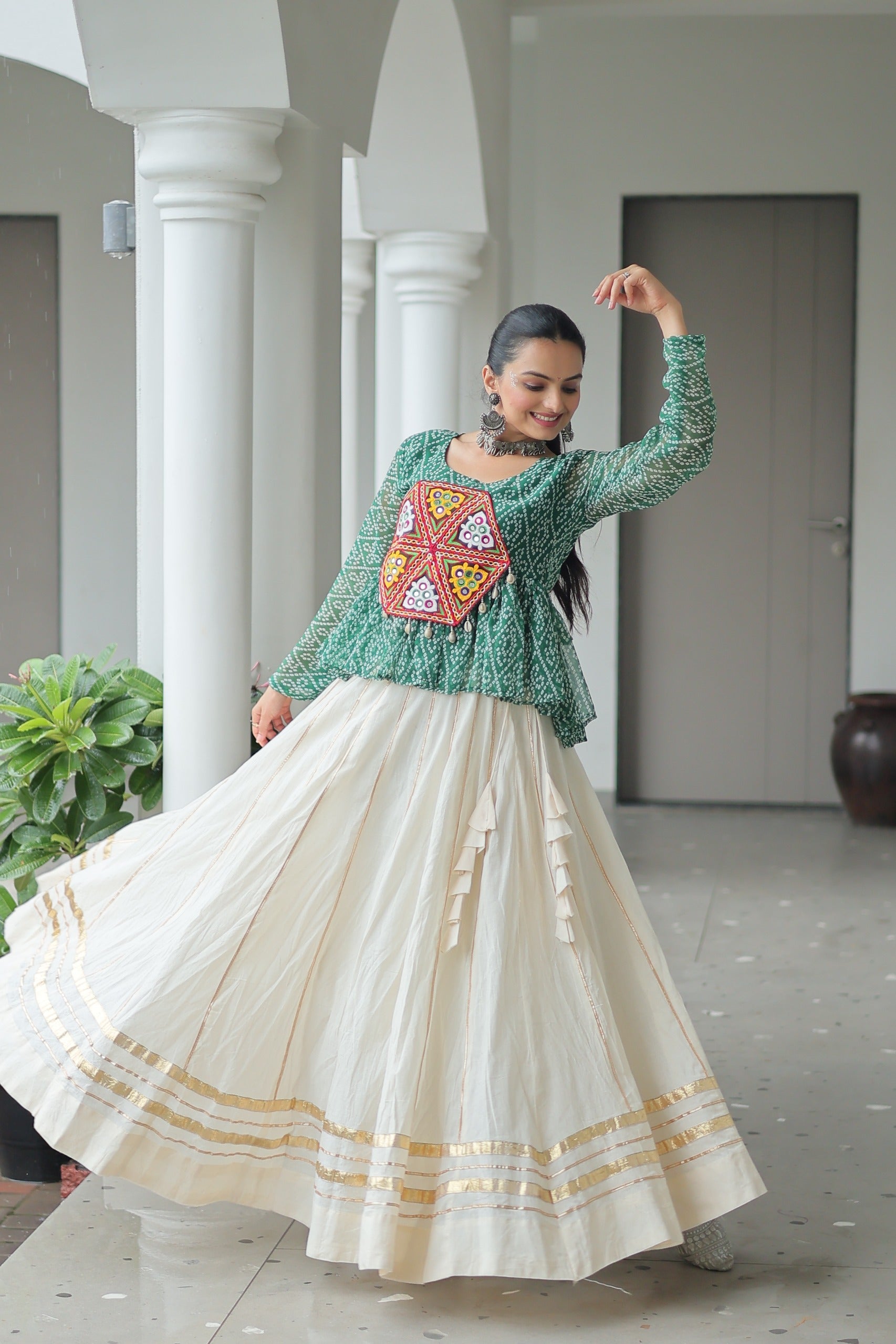 Prazu Fashion Green Georgette Bandhani Print With Kutchi Gamthi Patchwork Navratri Lehenga