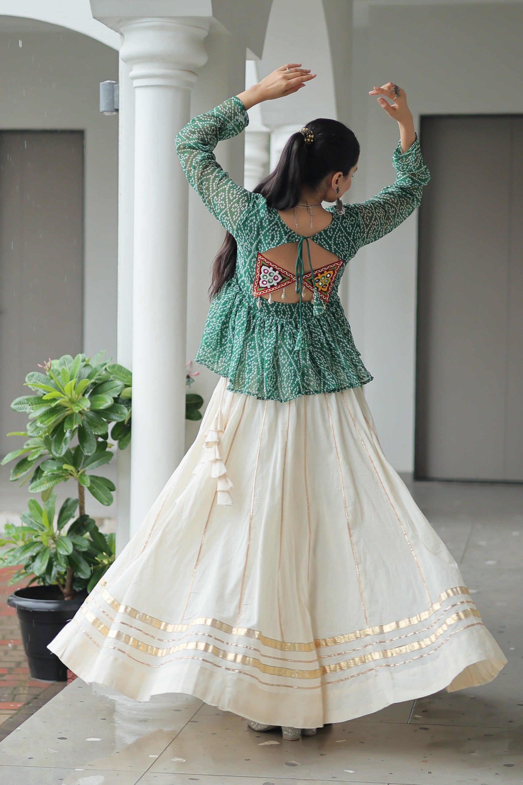 Prazu Fashion Green Georgette Bandhani Print With Kutchi Gamthi Patchwork Navratri Lehenga