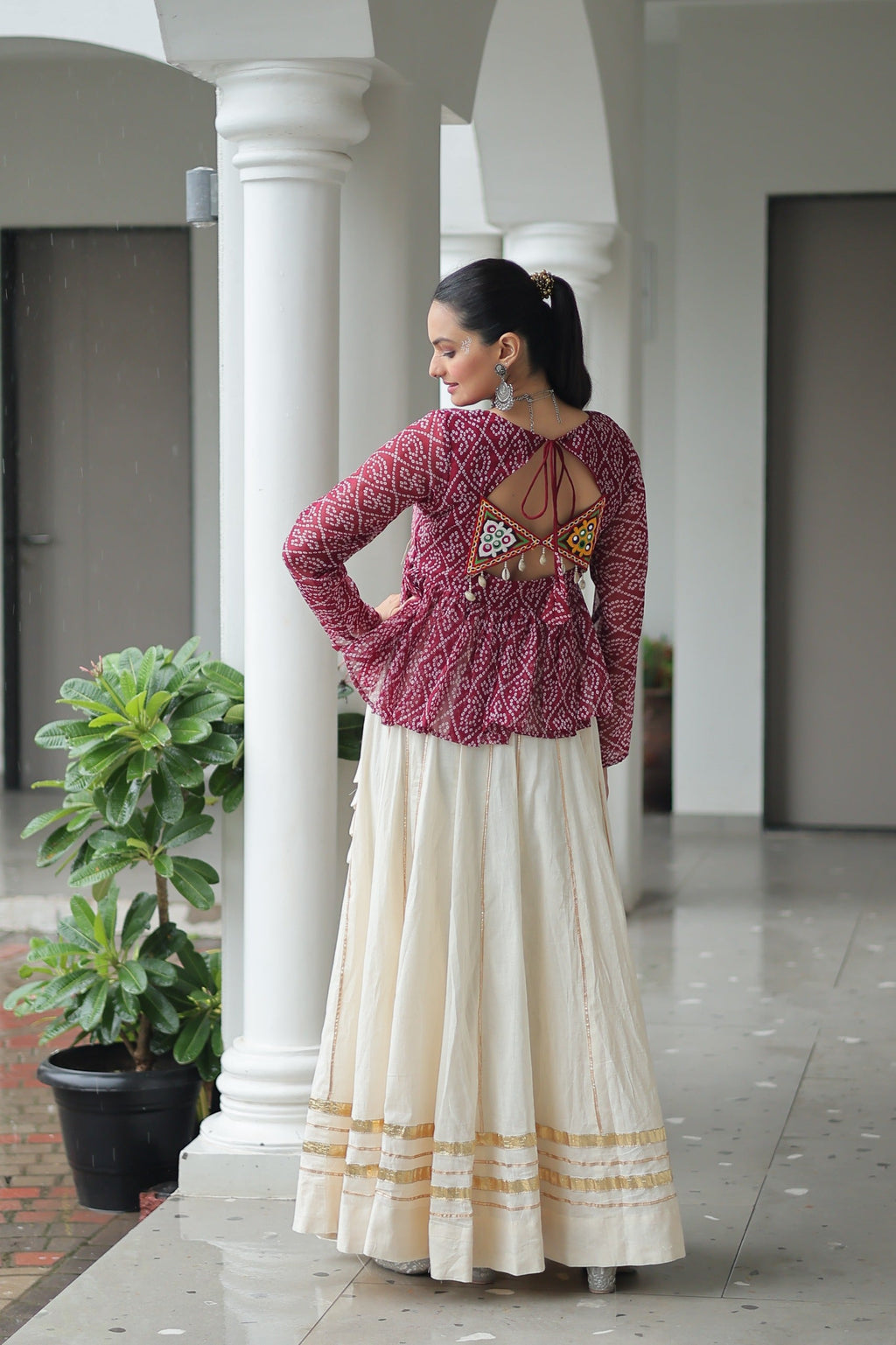 Prazu Fashion Wine Georgette Bandhani Print With Kutchi Gamthi Patchwork Navratri Lehenga