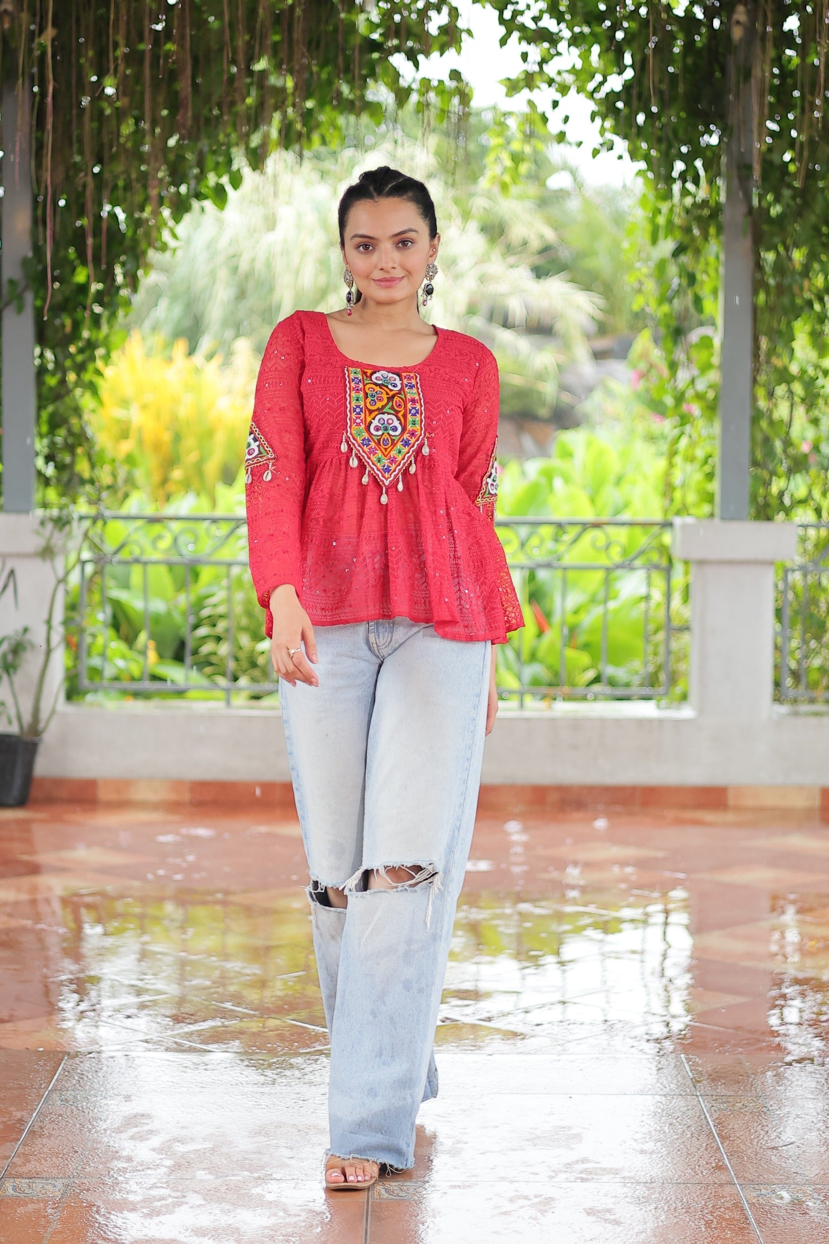 Prazu Fashion Pink Georgette Schiffli Work Kutchi Gamthi Patch Work Navaratri Top