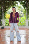 Prazu Fashion Wine Georgette Schiffli Work Kutchi Gamthi Patch Work Navaratri Top