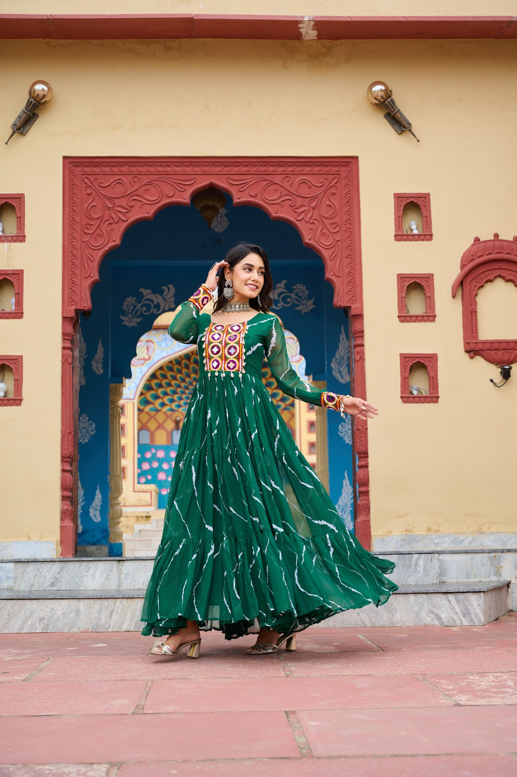 Prazu Fashion Green Georgette Laheriya Print Kutchi Patch Work Navaratri Gown