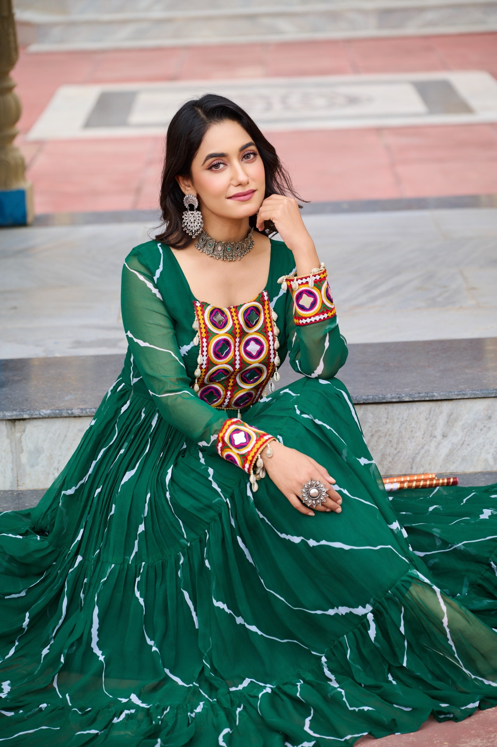 Prazu Fashion Green Georgette Laheriya Print Kutchi Patch Work Navaratri Gown