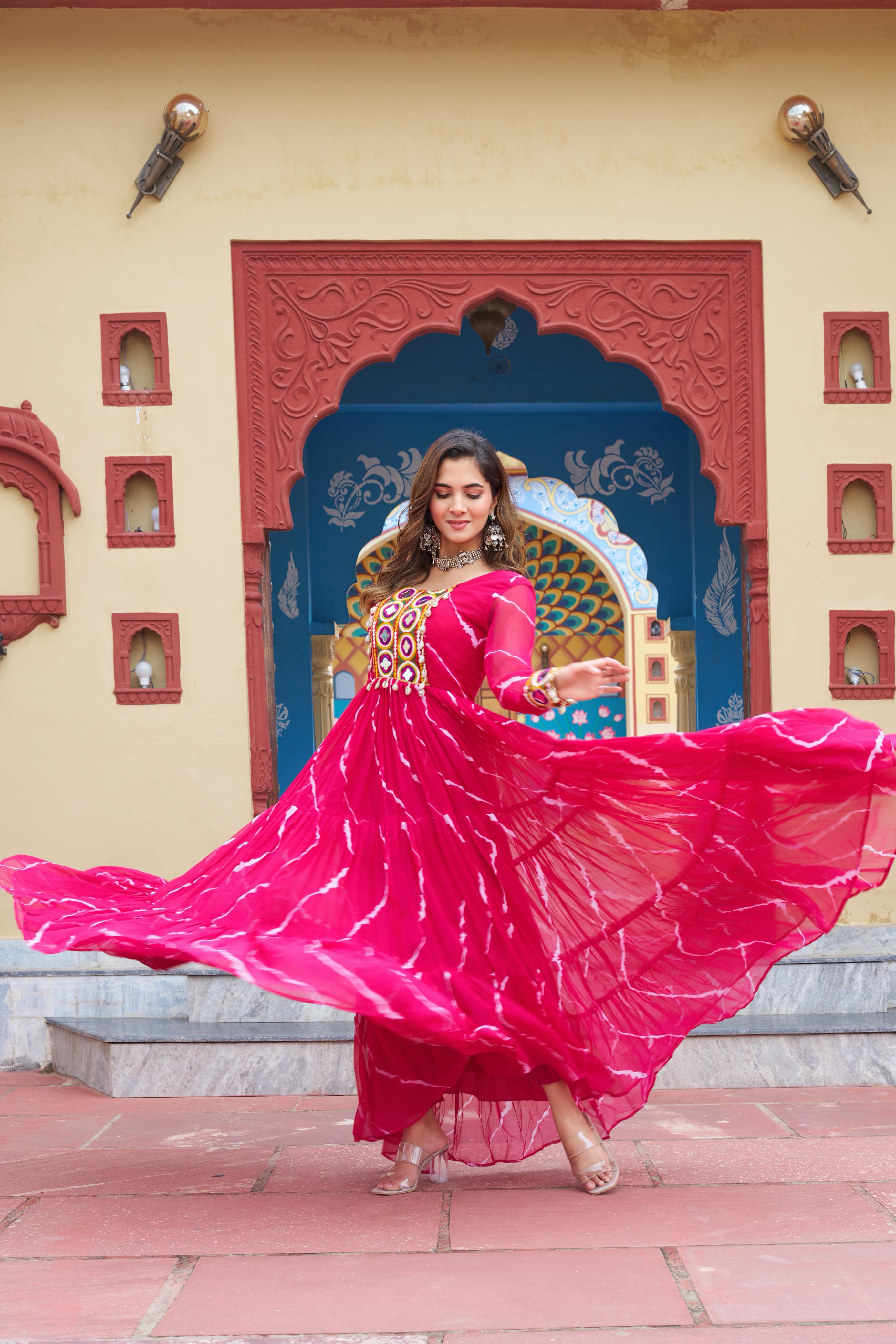 Prazu Fashion Pink Georgette Laheriya Print Kutchi Patch work Navaratri Gown