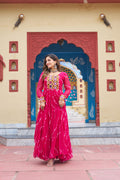 Prazu Fashion Pink Georgette Laheriya Print Kutchi Patch work Navaratri Gown