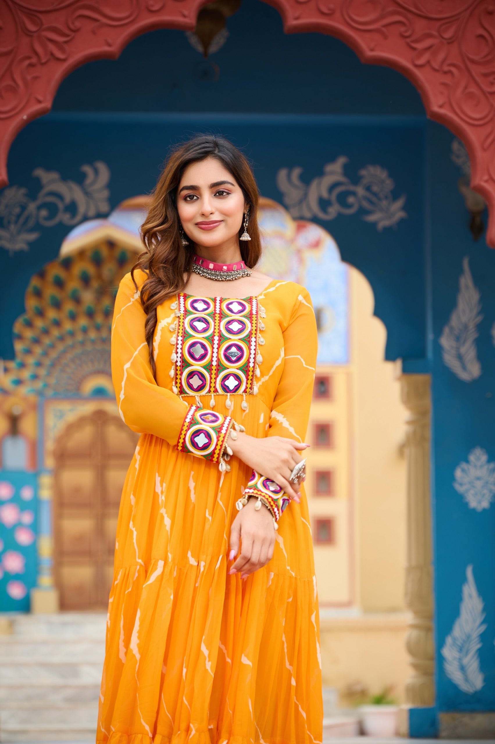Prazu Fashion Yellow Georgette Laheriya Print Kutchi Patch work Navaratri Gown
