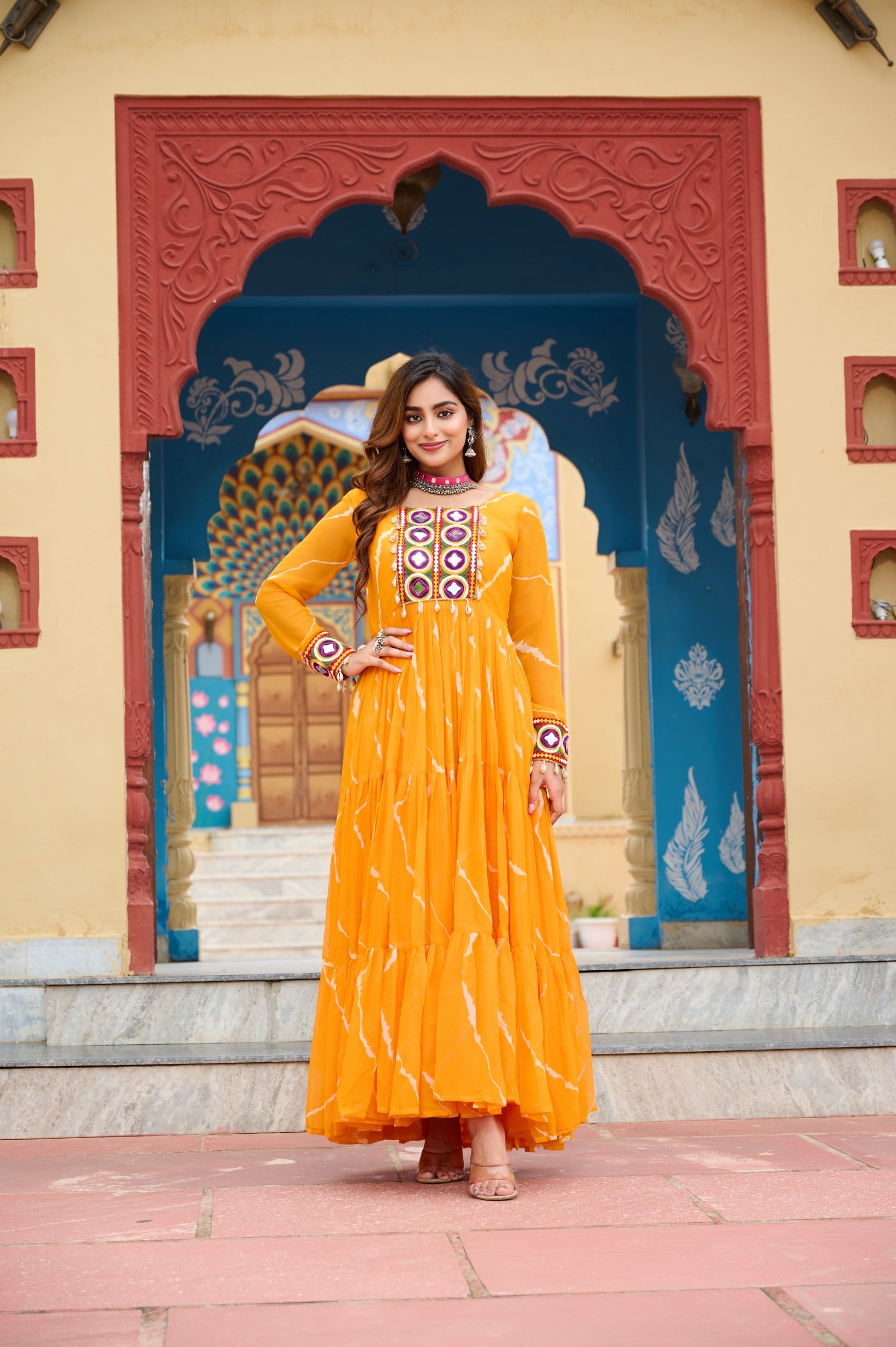 Prazu Fashion Yellow Georgette Laheriya Print Kutchi Patch work Navaratri Gown