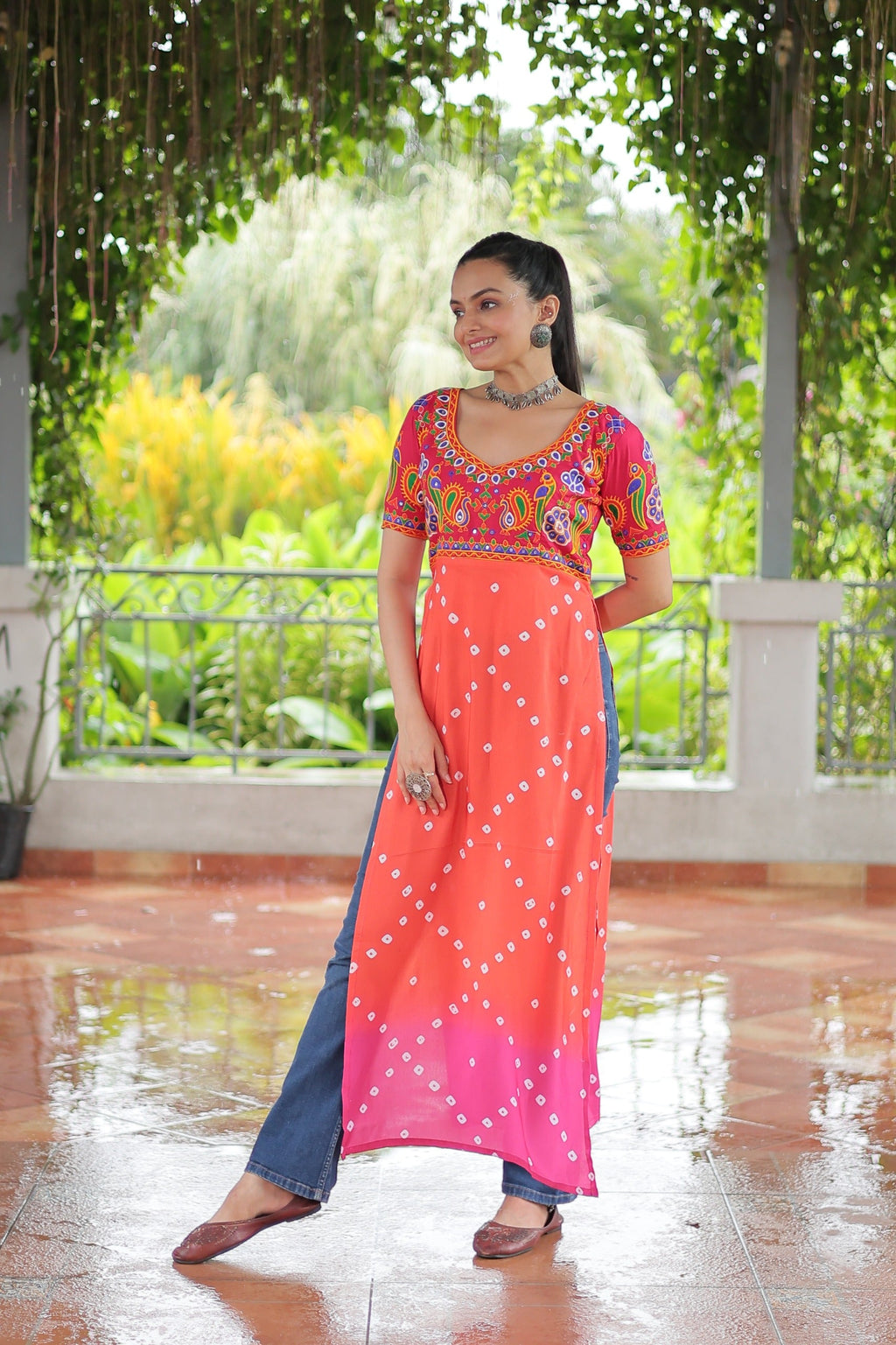 Prazu Fashion Orange Rayon Printed With Kutchi Gamthi Work Navaratri Kurti