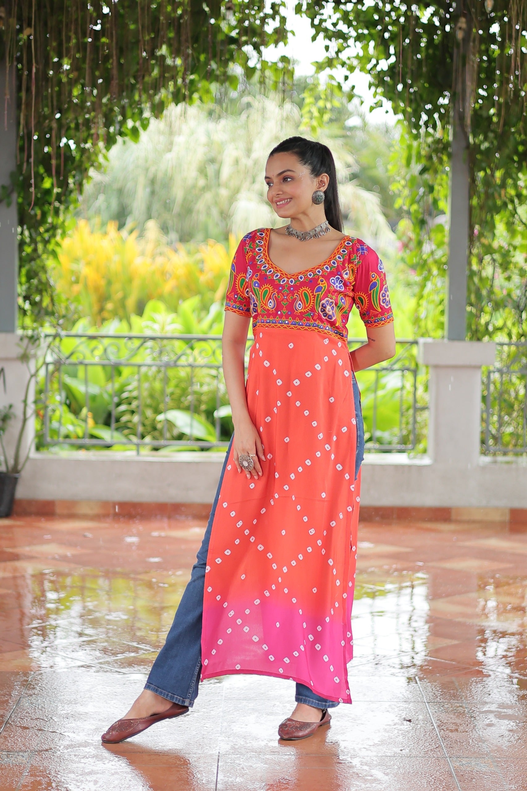 Prazu Fashion Orange Rayon Printed With Kutchi Gamthi Work Navaratri Kurti