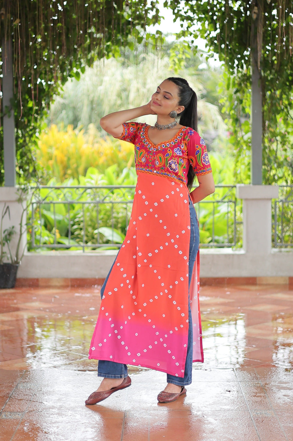 Prazu Fashion Orange Rayon Printed With Kutchi Gamthi Work Navaratri Kurti