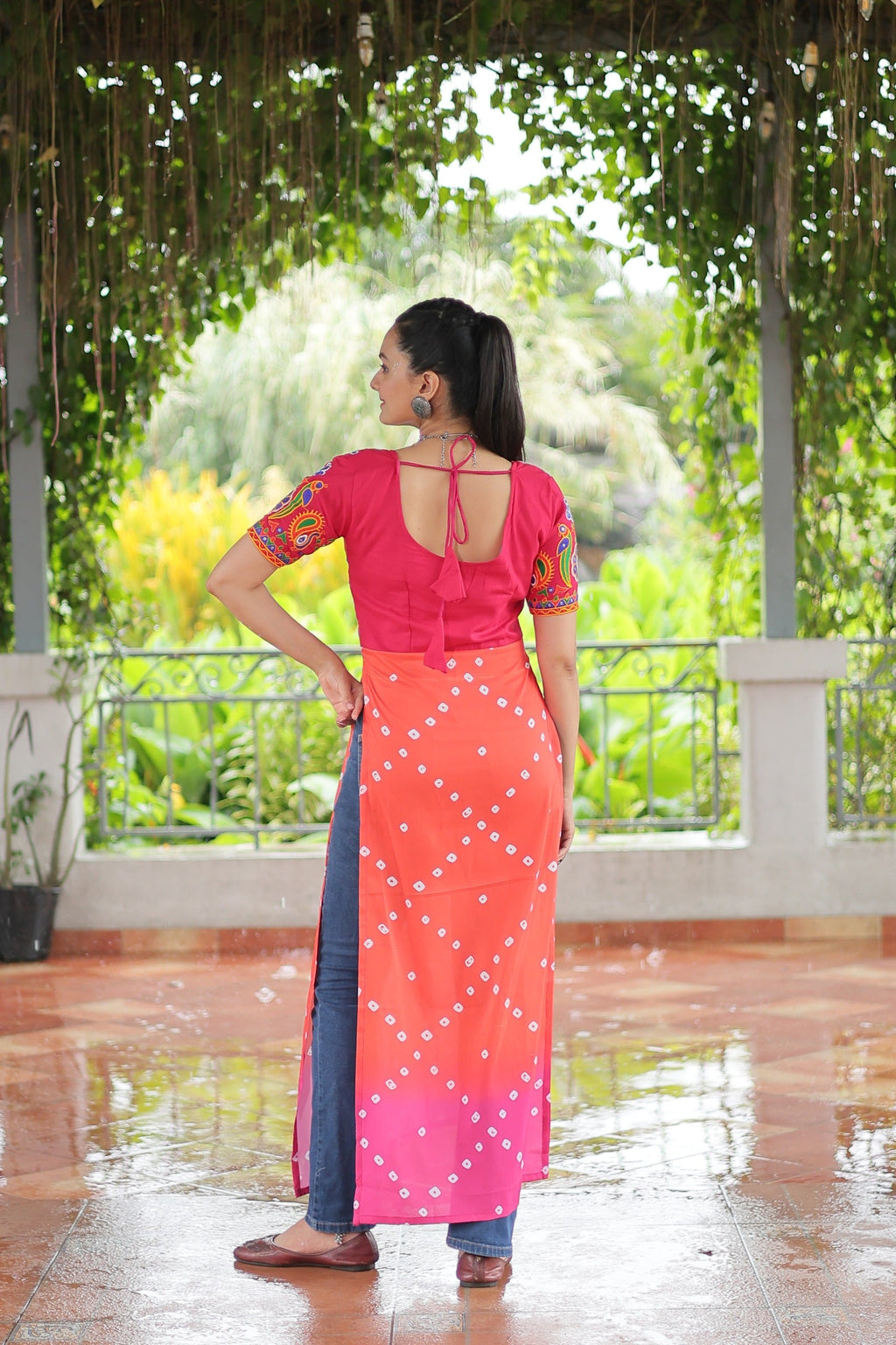 Prazu Fashion Orange Rayon Printed With Kutchi Gamthi Work Navaratri Kurti