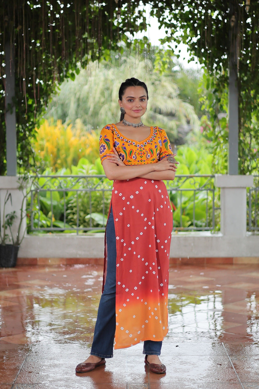 Prazu Fashion Red Rayon Printed With Kutchi Gamthi Work Navaratri Kurti