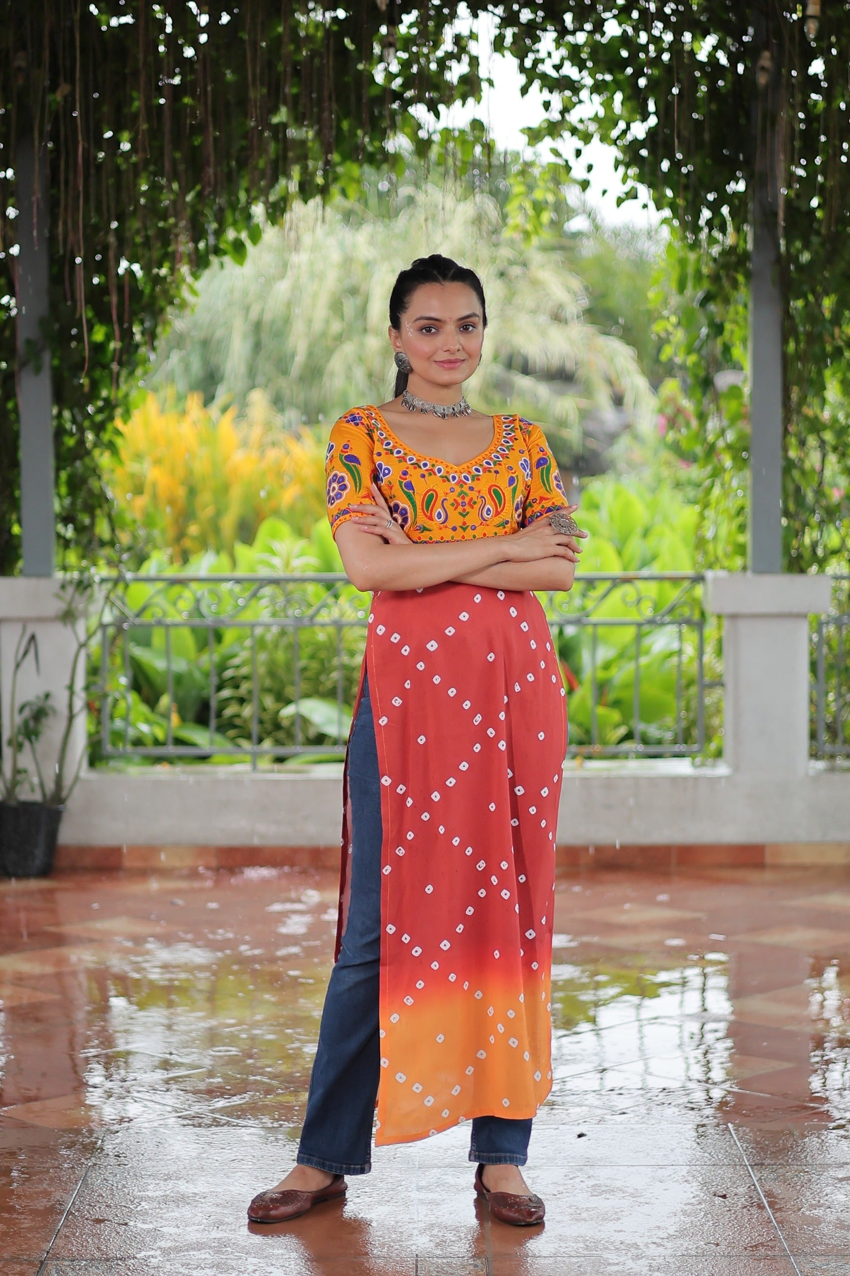 Prazu Fashion Red Rayon Printed With Kutchi Gamthi Work Navaratri Kurti