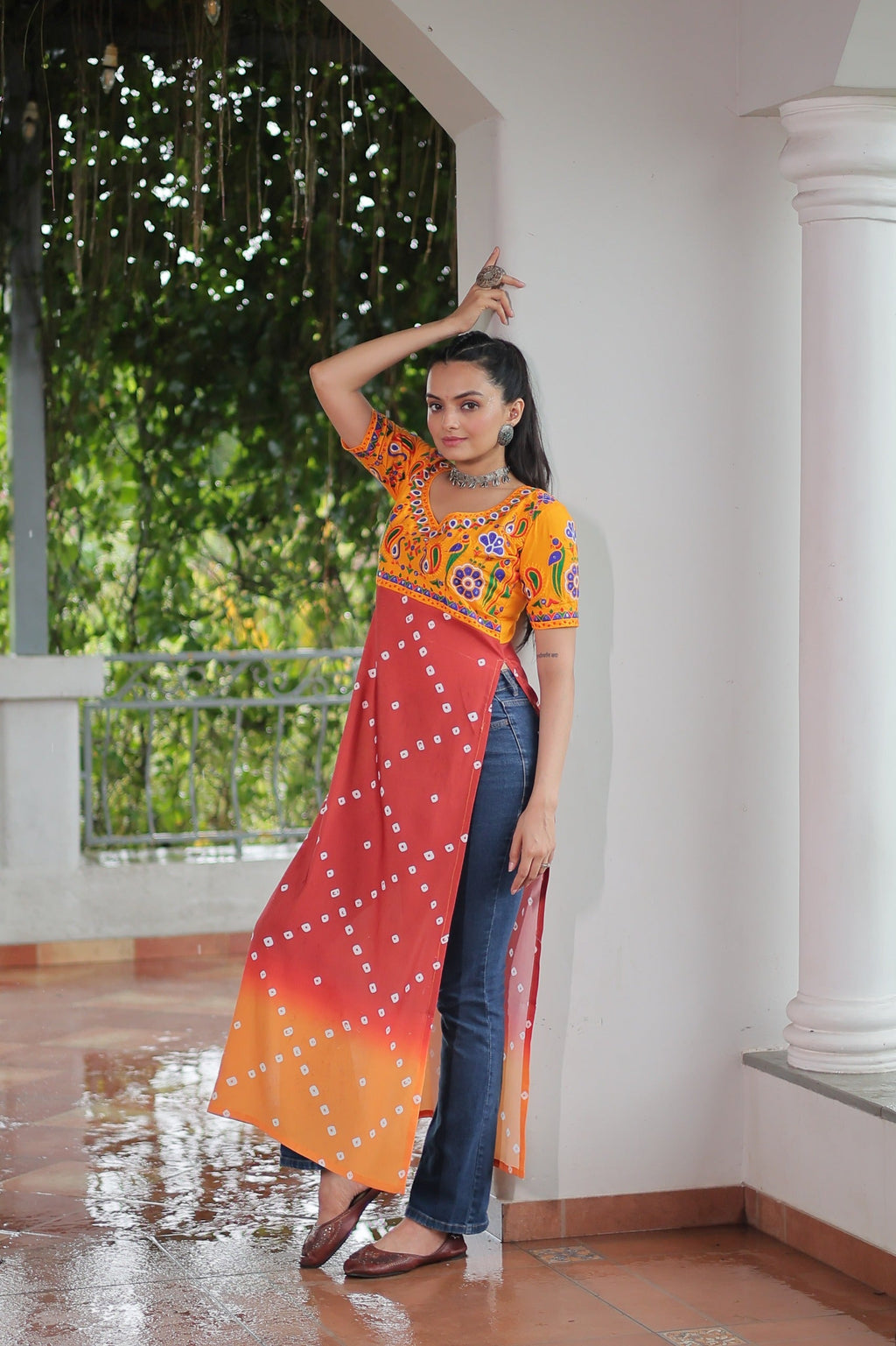 Prazu Fashion Red Rayon Printed With Kutchi Gamthi Work Navaratri Kurti