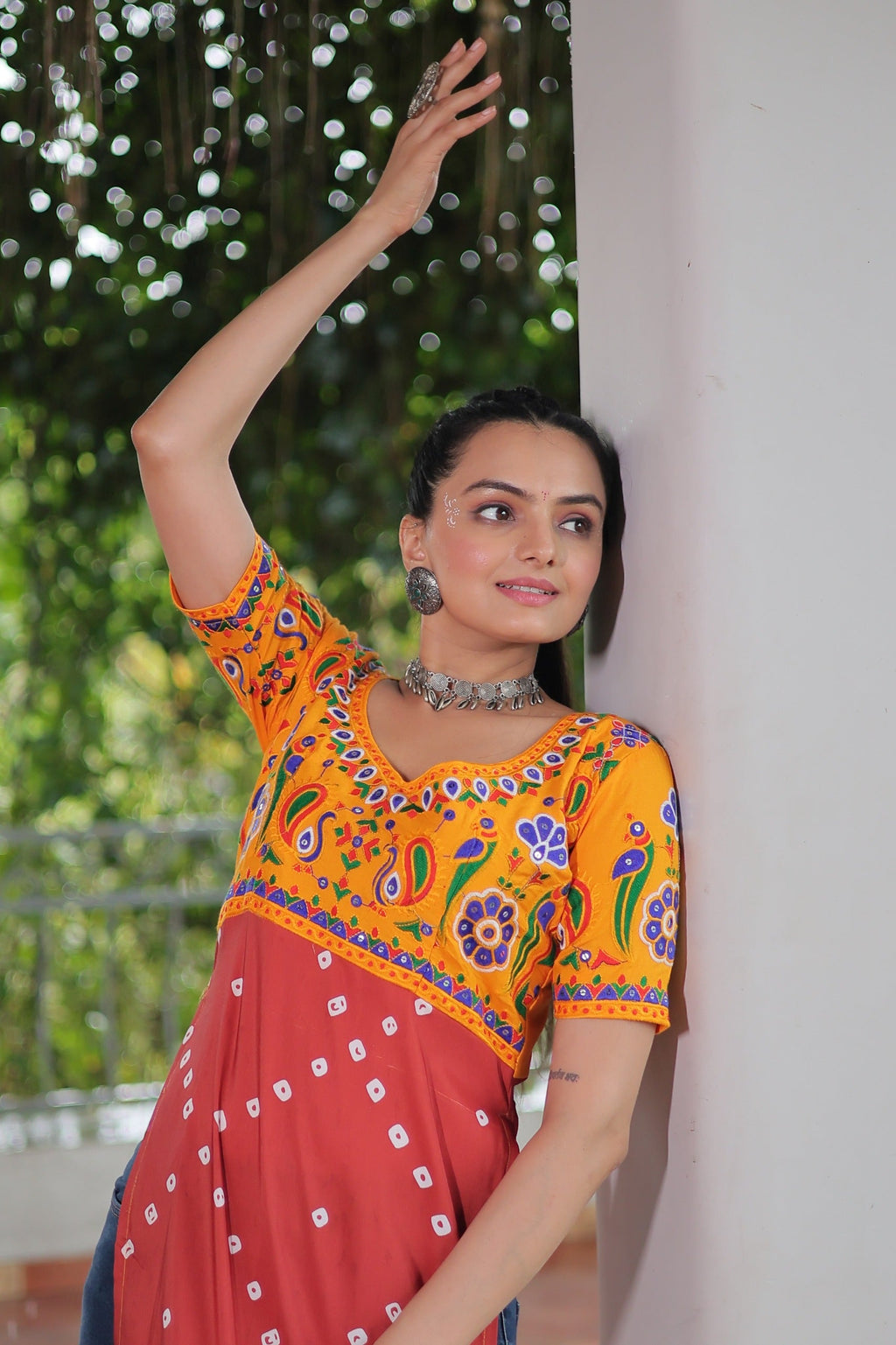 Prazu Fashion Red Rayon Printed With Kutchi Gamthi Work Navaratri Kurti